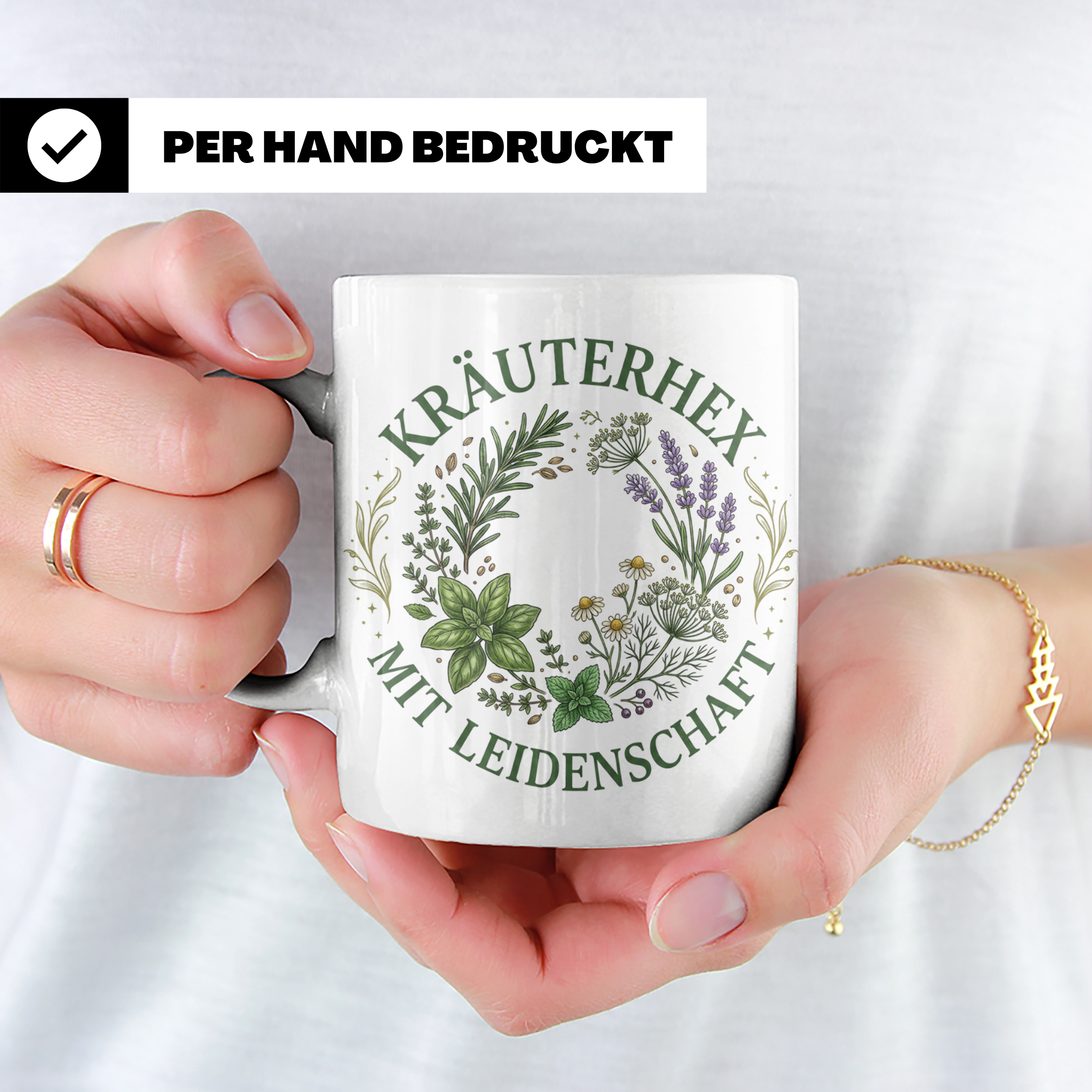 Kräuterhexe Tasse mit Heilkräuter Motiv, Geschenk für Garten – Weiß [farbe:weiß]