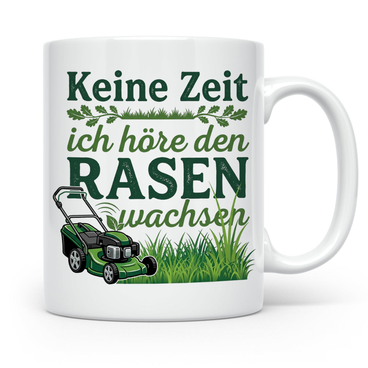 Rasenmäher Tasse mit Spruch Keine Zeit ich höre den Rasen wa – Weiß [farbe:weiß]