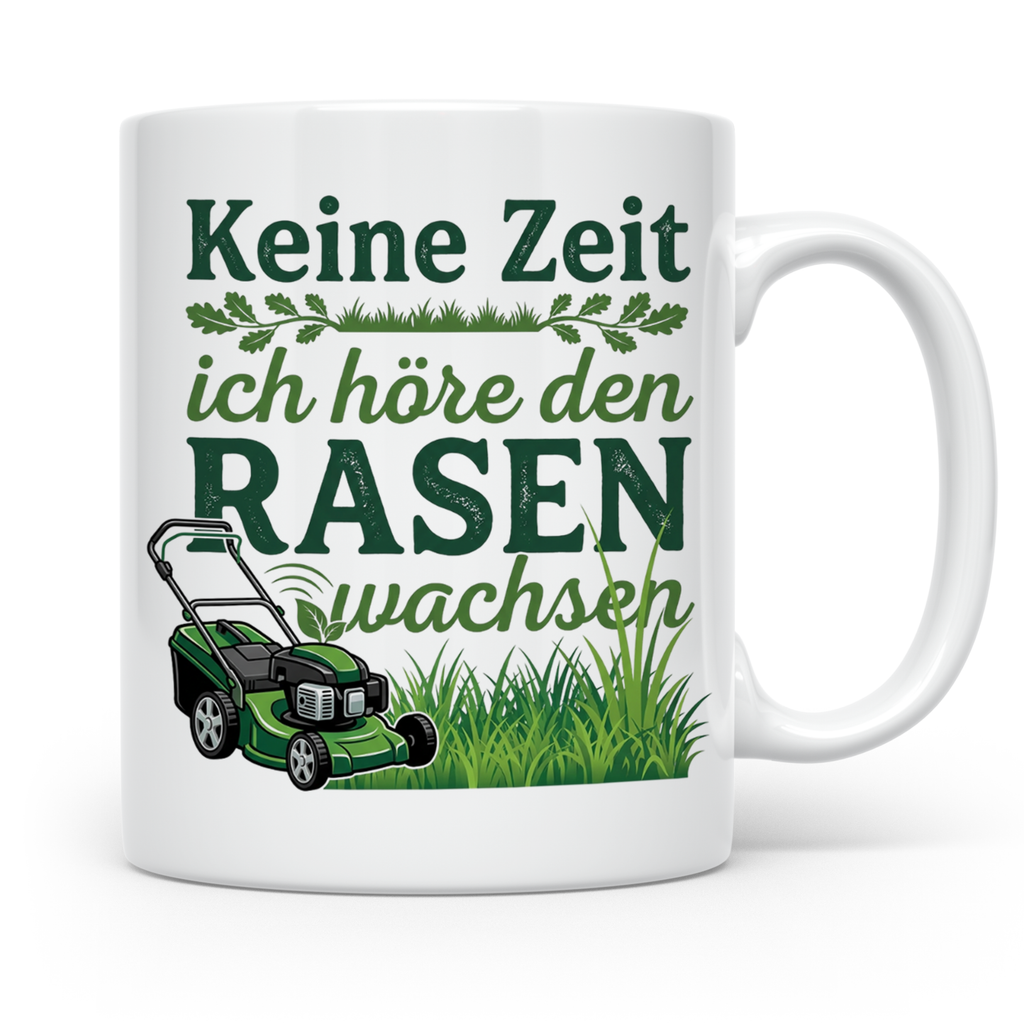 Rasenmäher Tasse mit Spruch Keine Zeit ich höre den Rasen wa – Weiß [farbe:weiß]