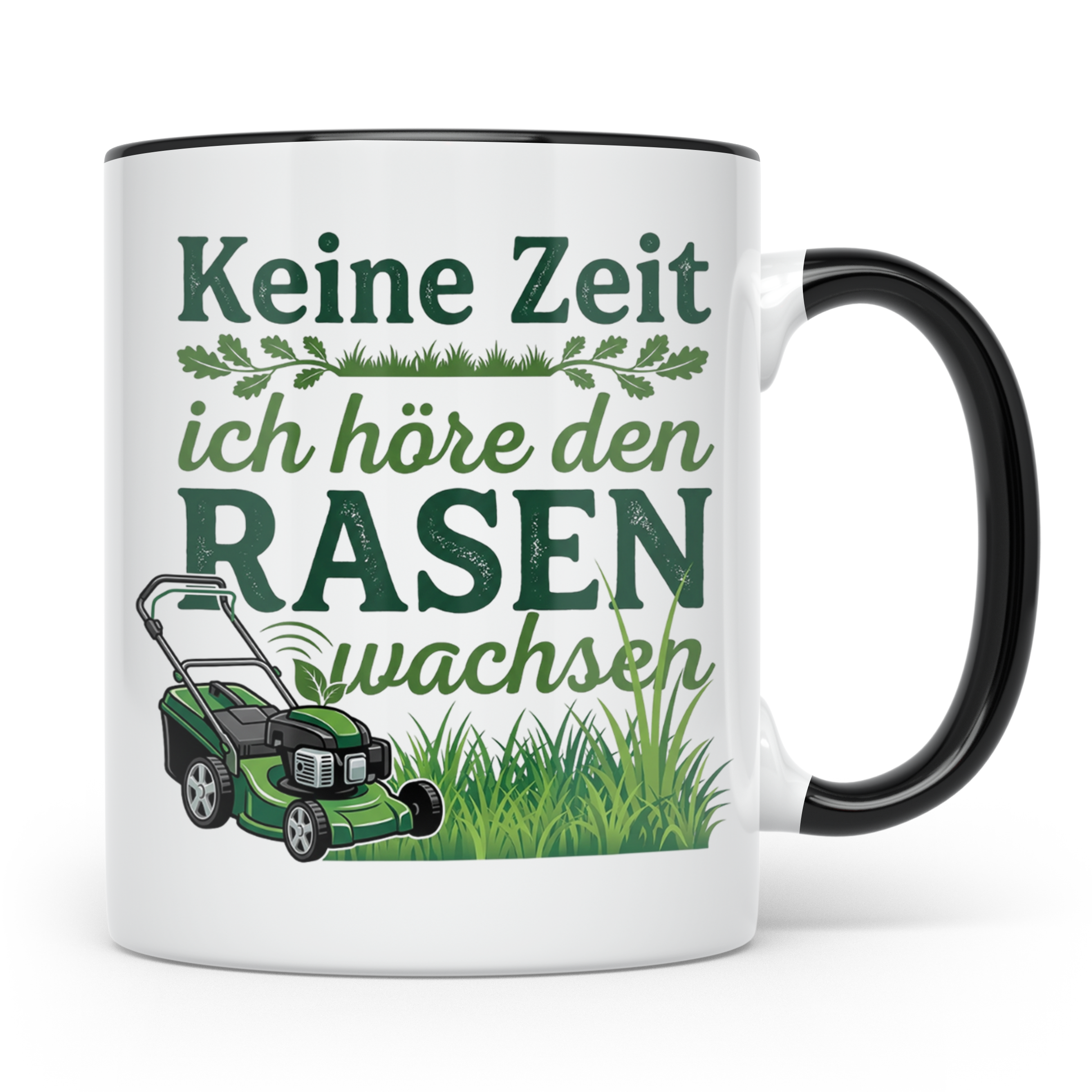 Rasenmäher Tasse mit Spruch Keine Zeit ich höre den Rasen wa – Schwarz [farbe:schwarz]