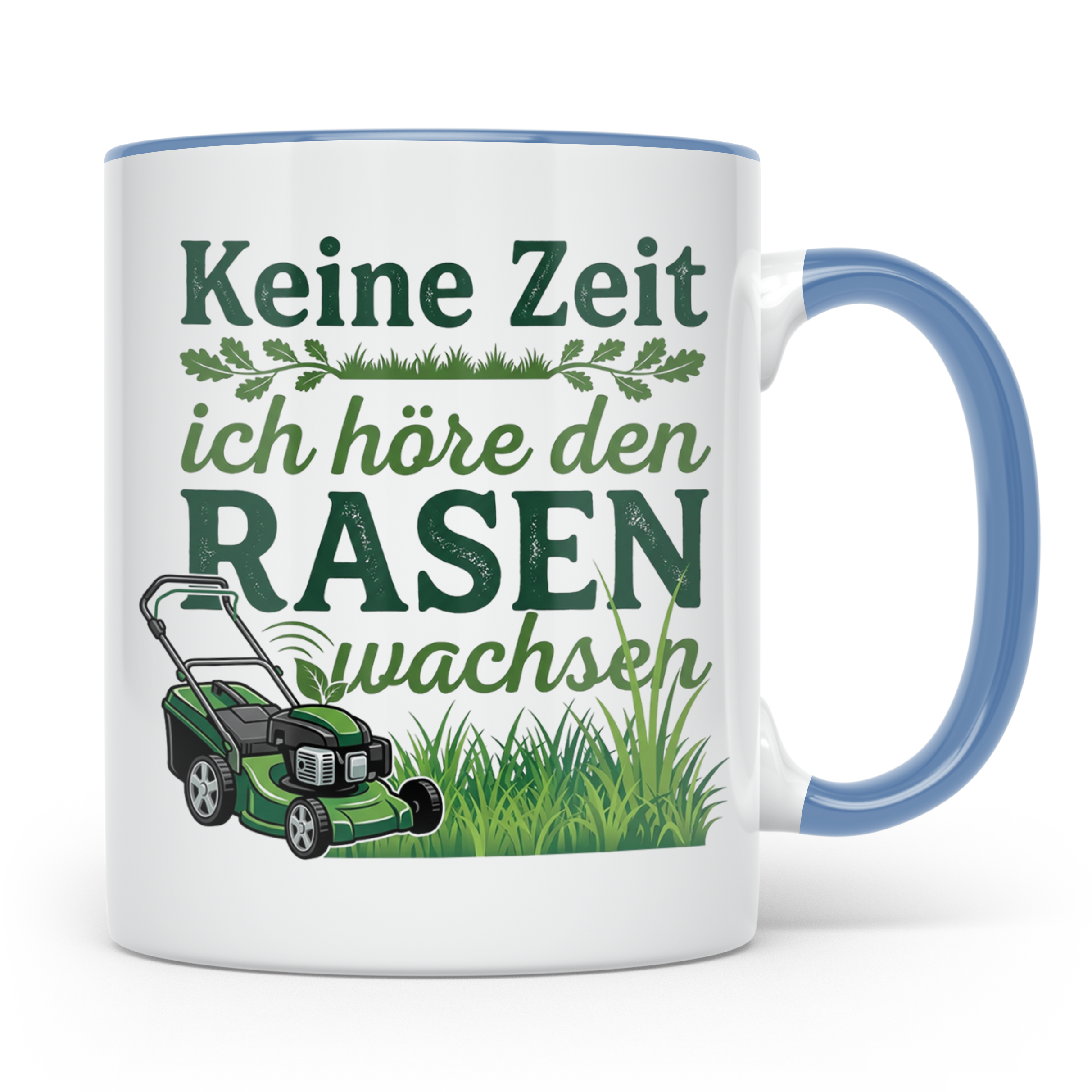 Rasenmäher Tasse mit Spruch Keine Zeit ich höre den Rasen wa – Blau [farbe:blau]