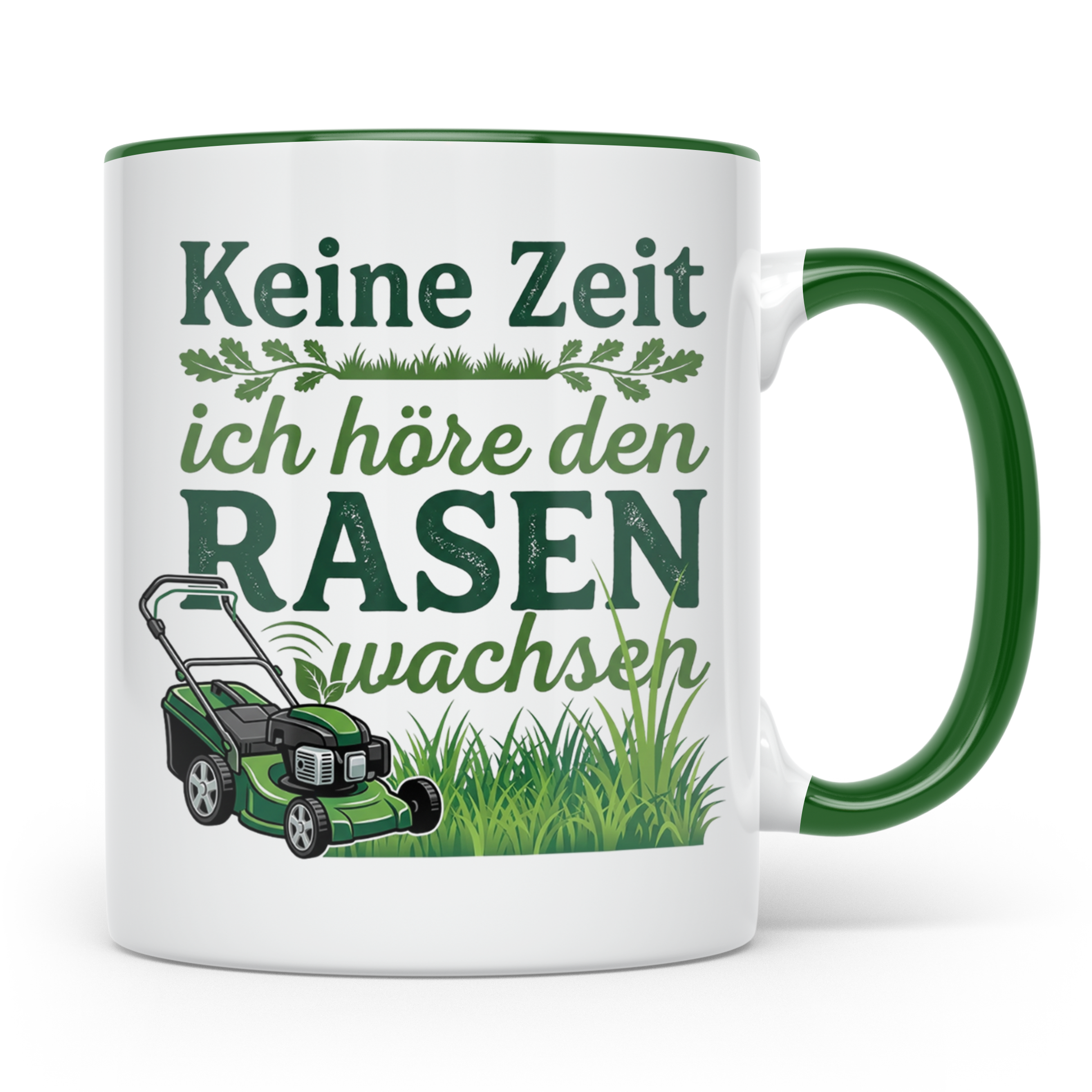 Rasenmäher Tasse mit Spruch Keine Zeit ich höre den Rasen wa – Grün [farbe:grün]