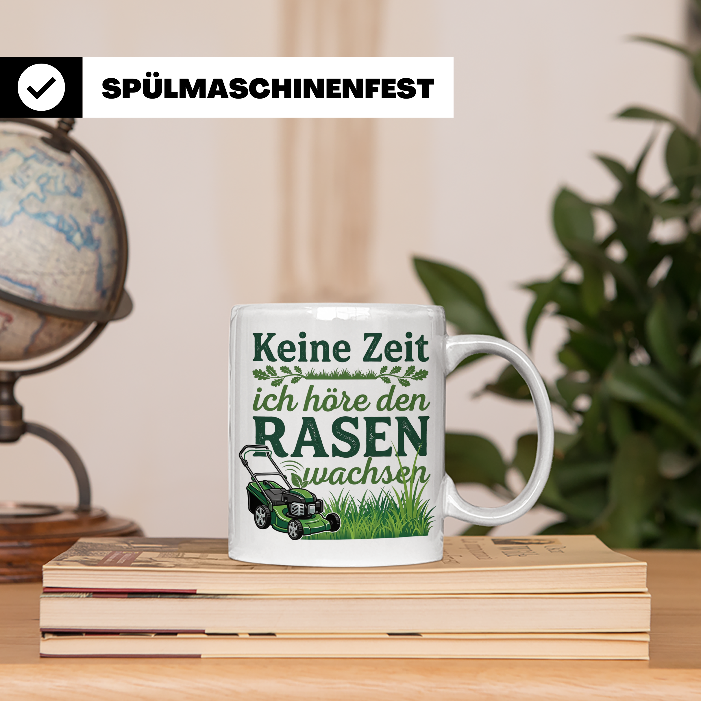 Rasenmäher Tasse mit Spruch Keine Zeit ich höre den Rasen wa – Weiß [farbe:weiß]