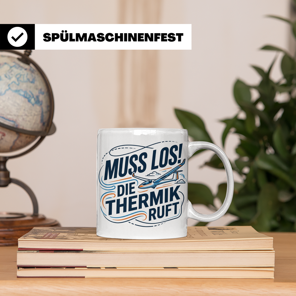 Segelflieger Tasse mit Spruch Muss los die Thermik ruft | Ge – Weiß [farbe:weiß]
