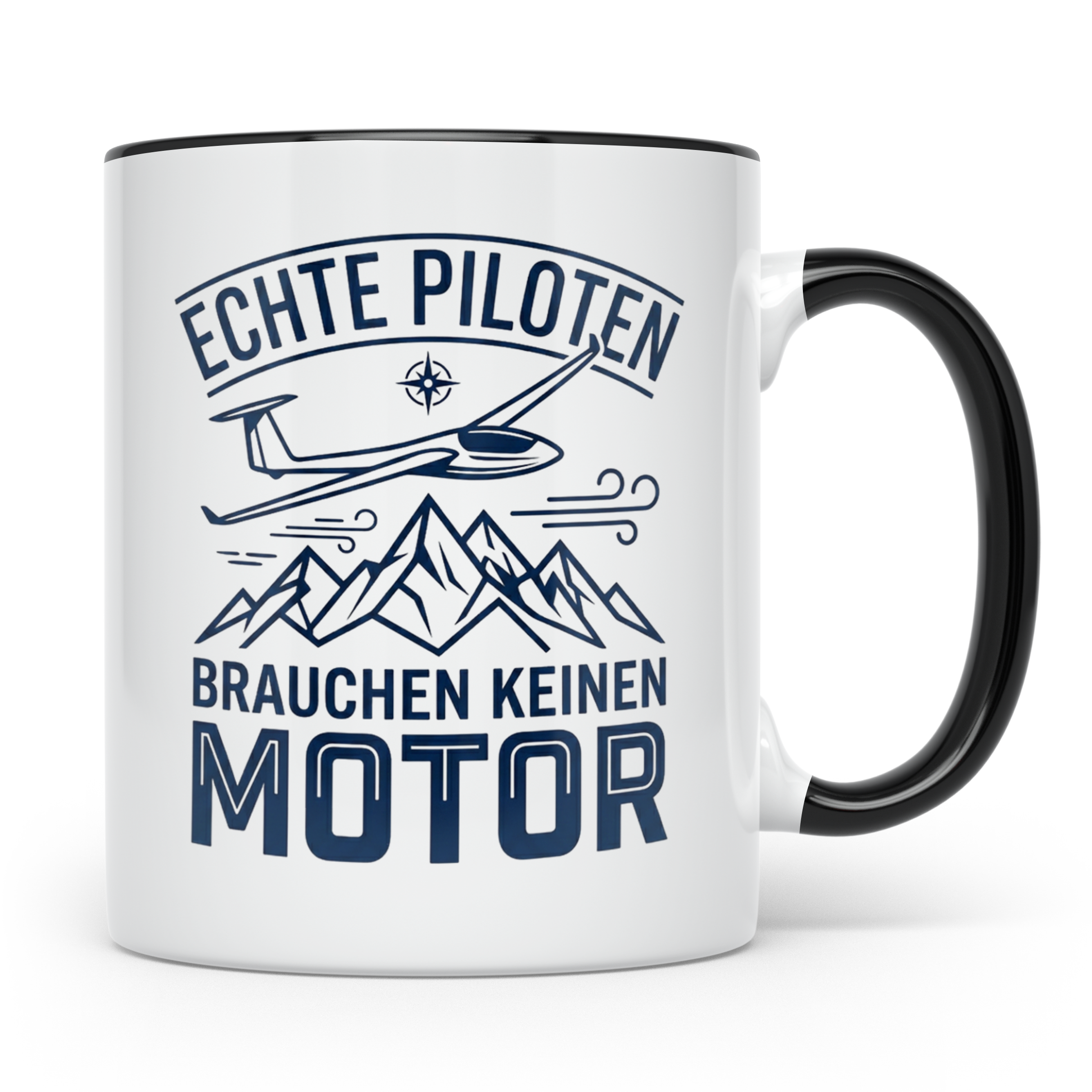 Segelflieger Tasse mit Spruch Echte Piloten brauchen keinen  – Schwarz [farbe:schwarz]