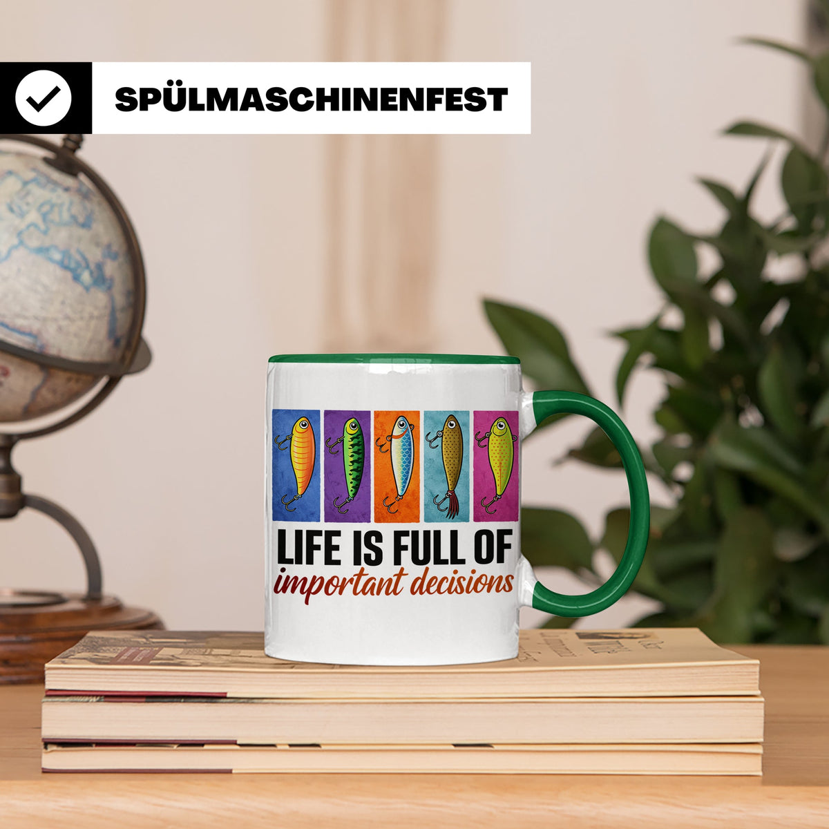 Angler Tasse mit Angelköder Spruch: Das Leben ist voller wic – Grün [farbe:grün]