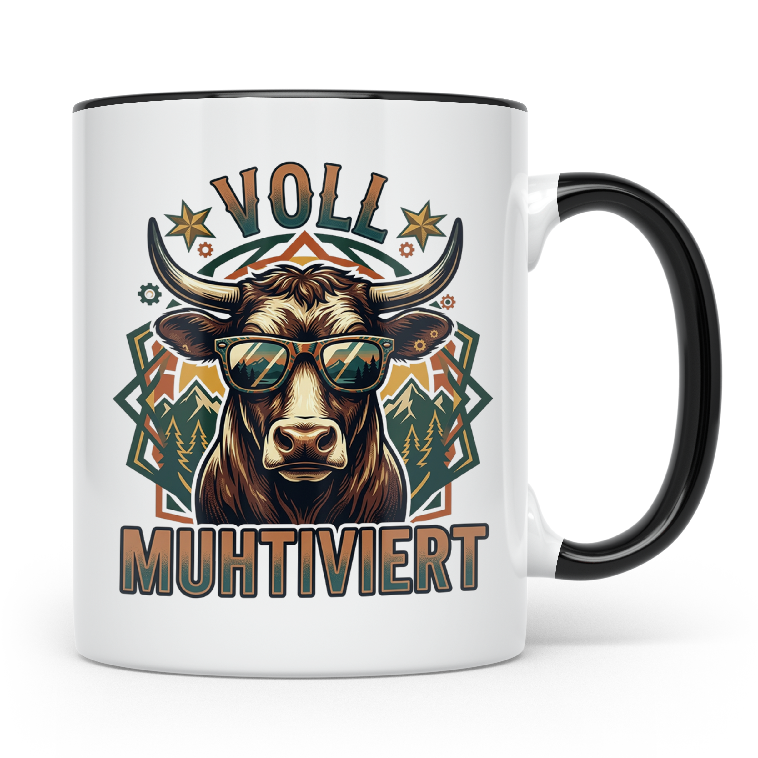 Voll Muhtiviert Tasse mit Kuh Spruch, Geschenk für Landwirt, – Schwarz [farbe:schwarz]