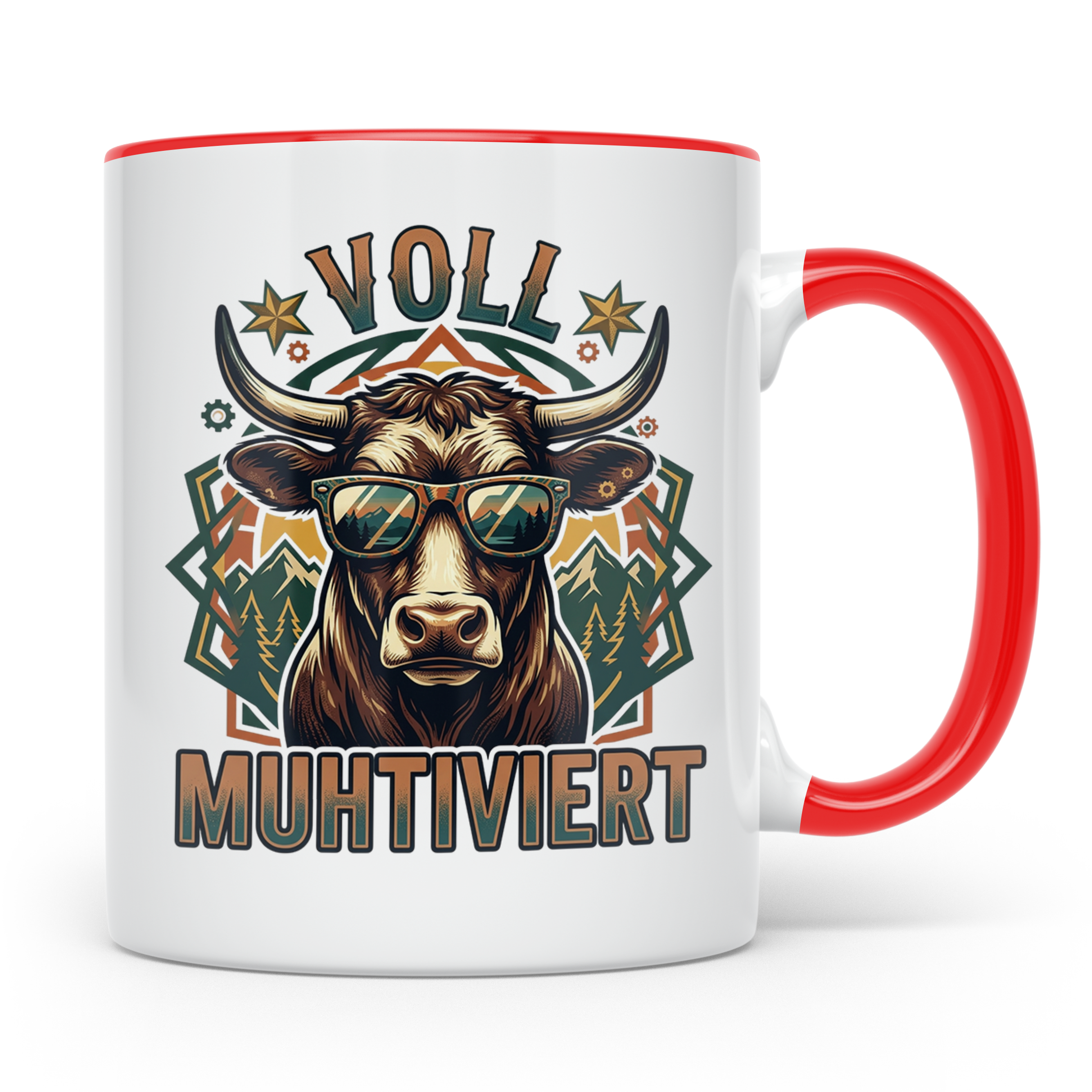 Voll Muhtiviert Tasse mit Kuh Spruch, Geschenk für Landwirt, – Rot [farbe:rot]