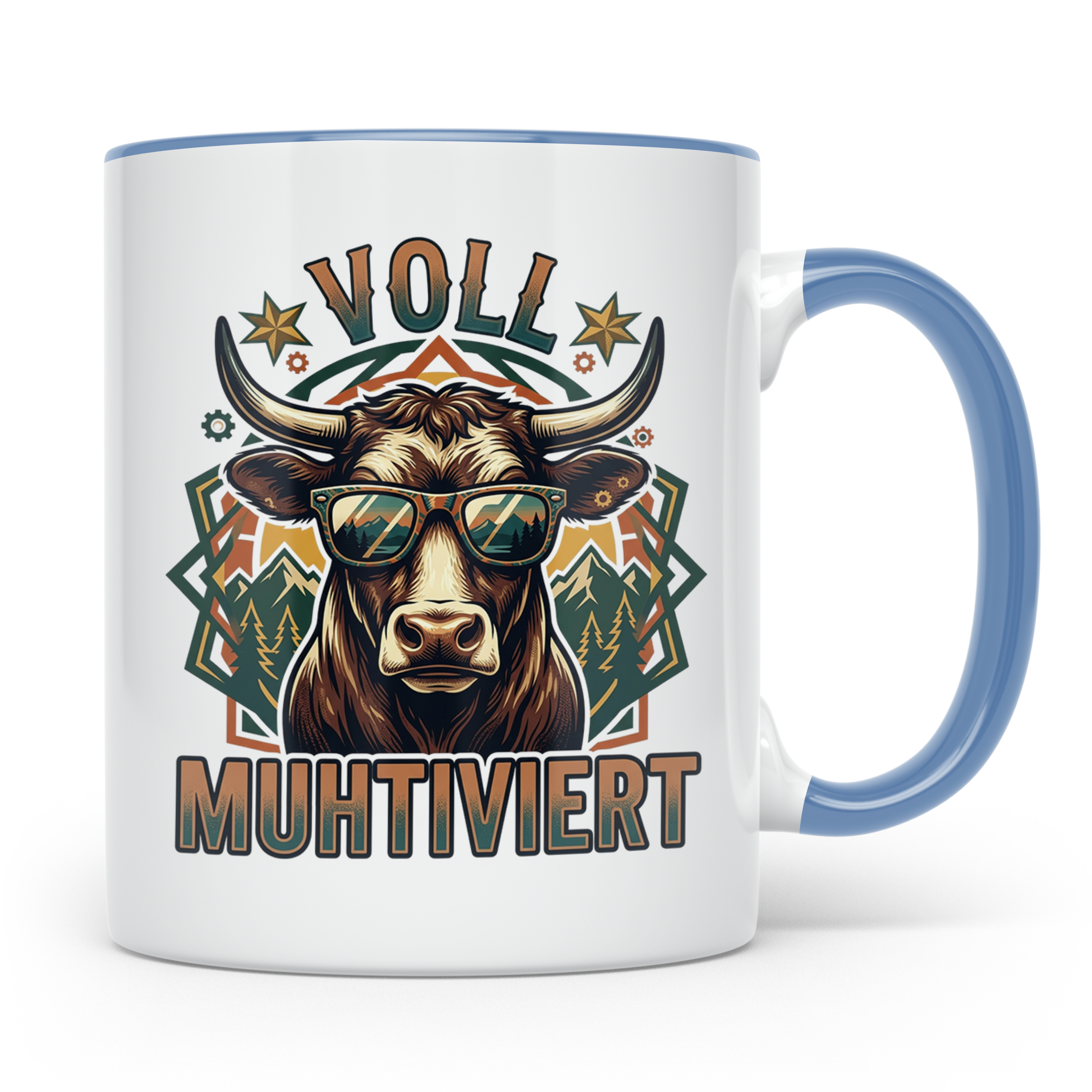 Voll Muhtiviert Tasse mit Kuh Spruch, Geschenk für Landwirt, – Blau [farbe:blau]