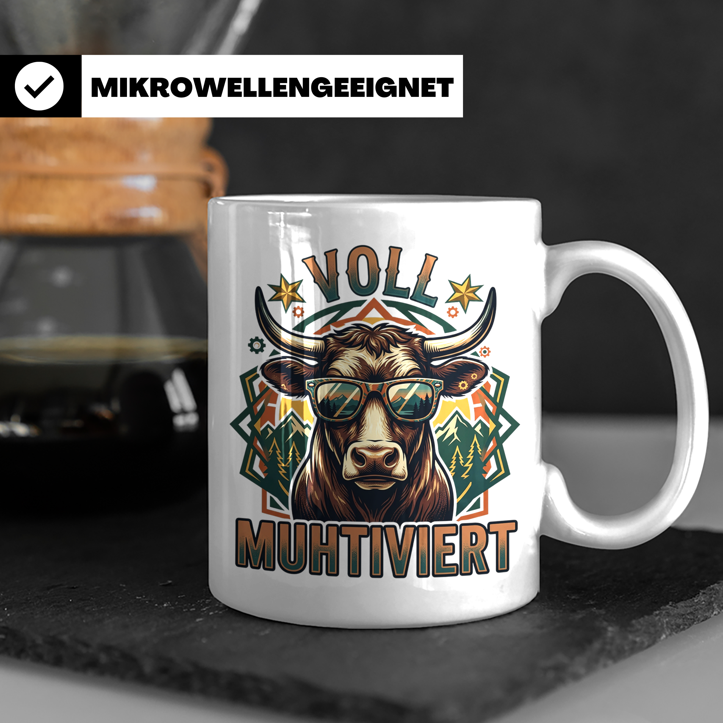 Voll Muhtiviert Tasse mit Kuh Spruch, Geschenk für Landwirt, – Weiß [farbe:weiß]