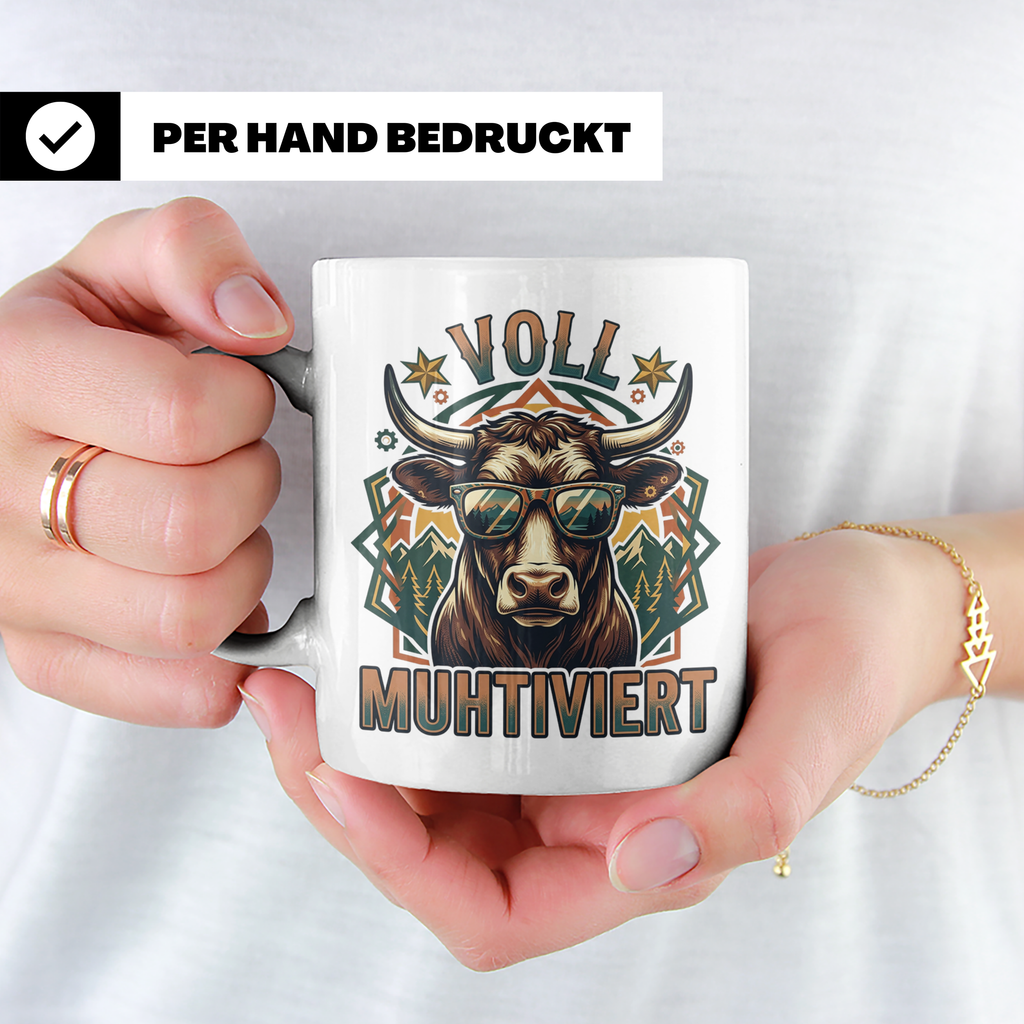 Voll Muhtiviert Tasse mit Kuh Spruch, Geschenk für Landwirt, – Weiß [farbe:weiß]