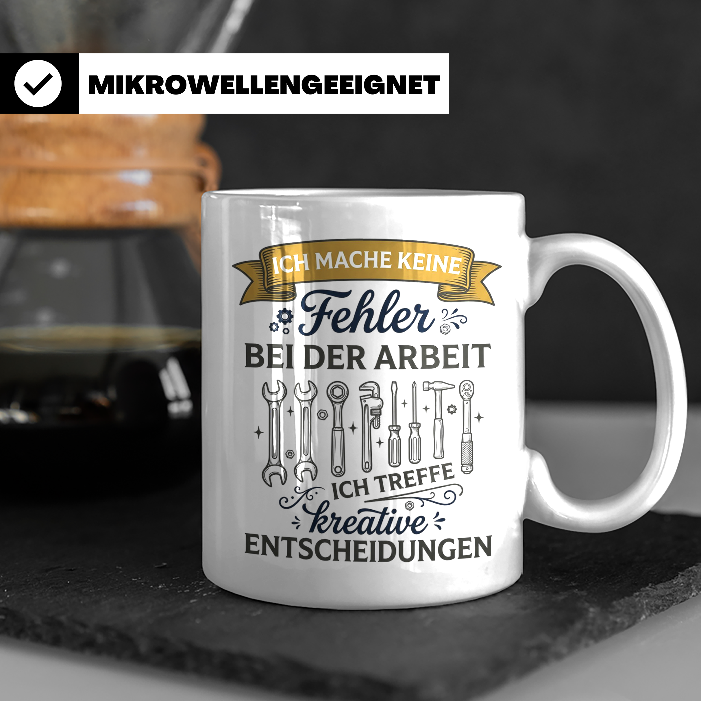 Handwerker Tasse mit Spruch Keine Fehler, kreative Entscheid – Weiß [farbe:weiß]