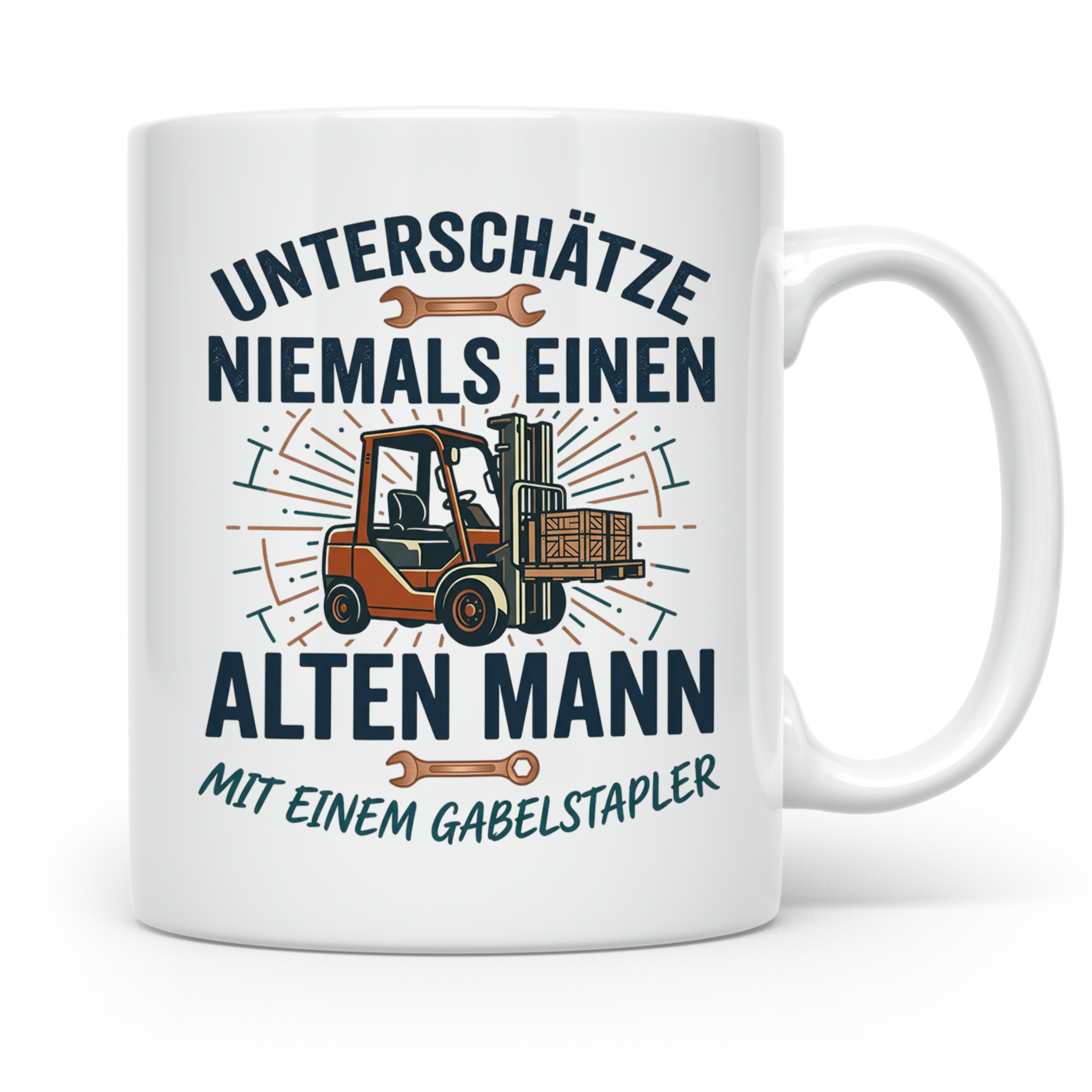 Gabelstaplerfahrer Tasse Alter Mann mit Stapler Spruch Gesch – Weiß [farbe:weiß]