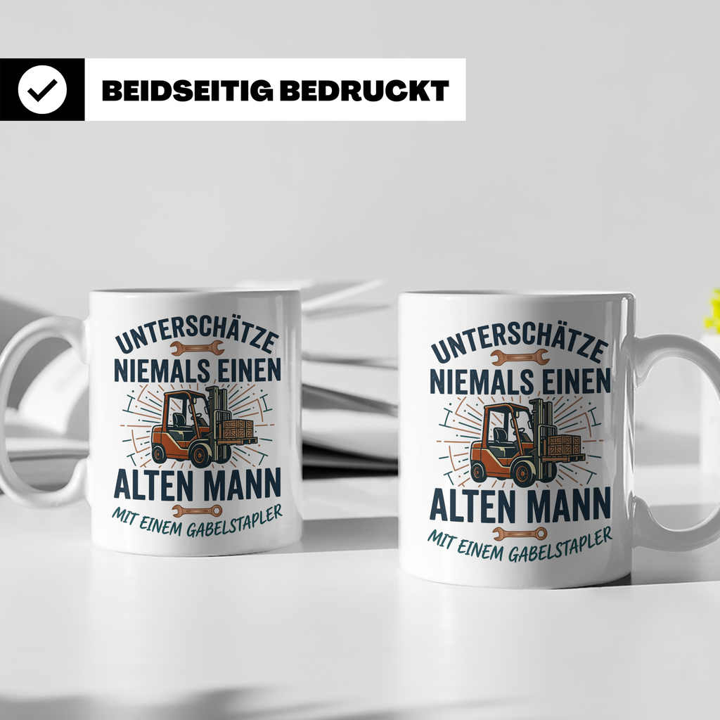 Gabelstaplerfahrer Tasse Alter Mann mit Stapler Spruch Gesch – Weiß [farbe:weiß]