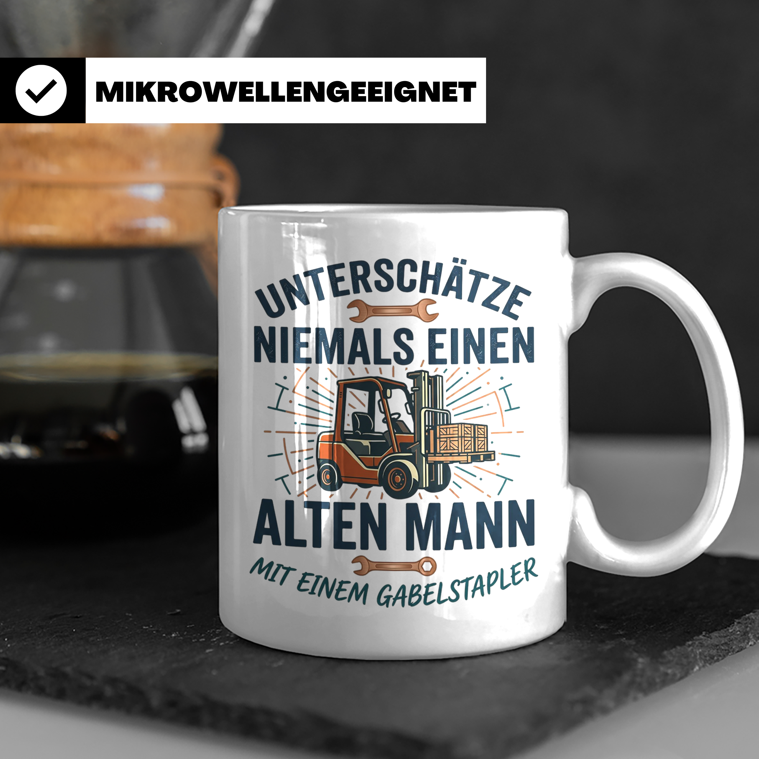 Gabelstaplerfahrer Tasse Alter Mann mit Stapler Spruch Gesch – Weiß [farbe:weiß]