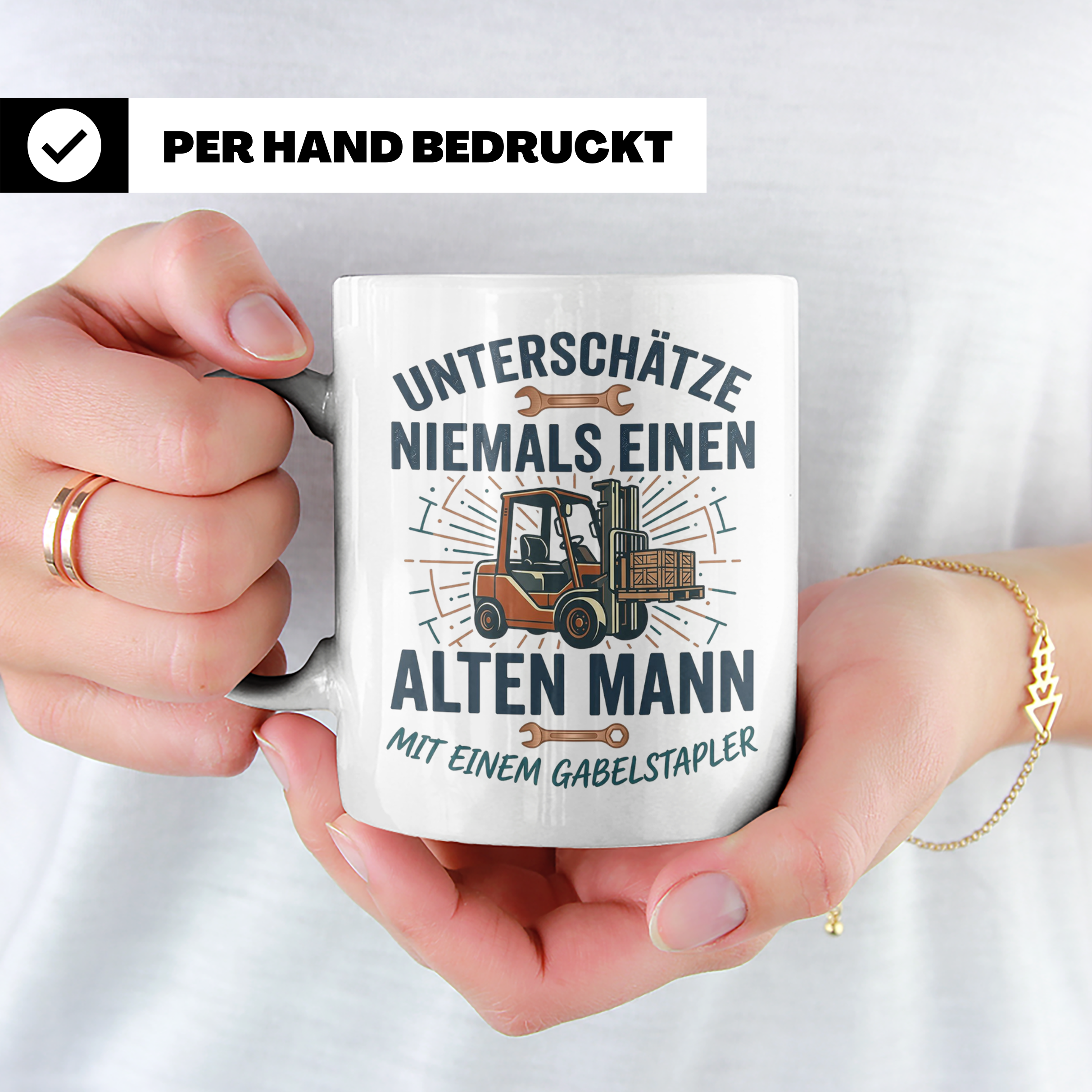 Gabelstaplerfahrer Tasse Alter Mann mit Stapler Spruch Gesch – Weiß [farbe:weiß]