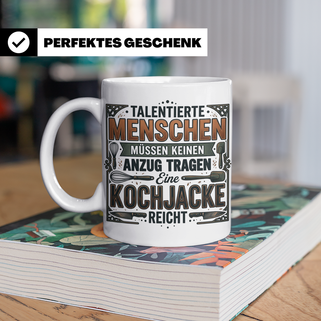 Koch Tasse mit Spruch Kochjacke reicht, Geschenk für Köche,  – Weiß [farbe:weiß]