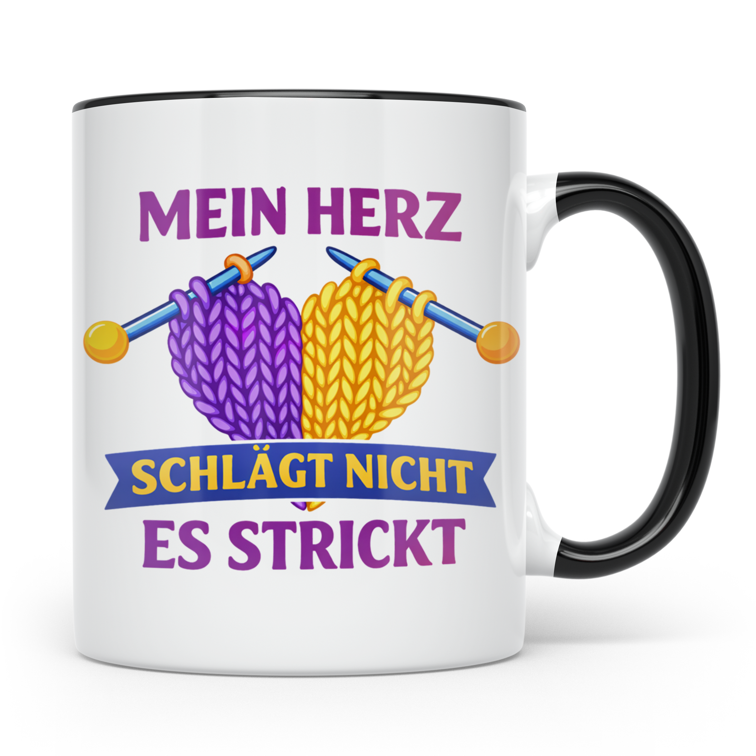 Stricken Tasse mit Spruch Mein Herz schlägt nicht es strickt – Schwarz [farbe:schwarz]