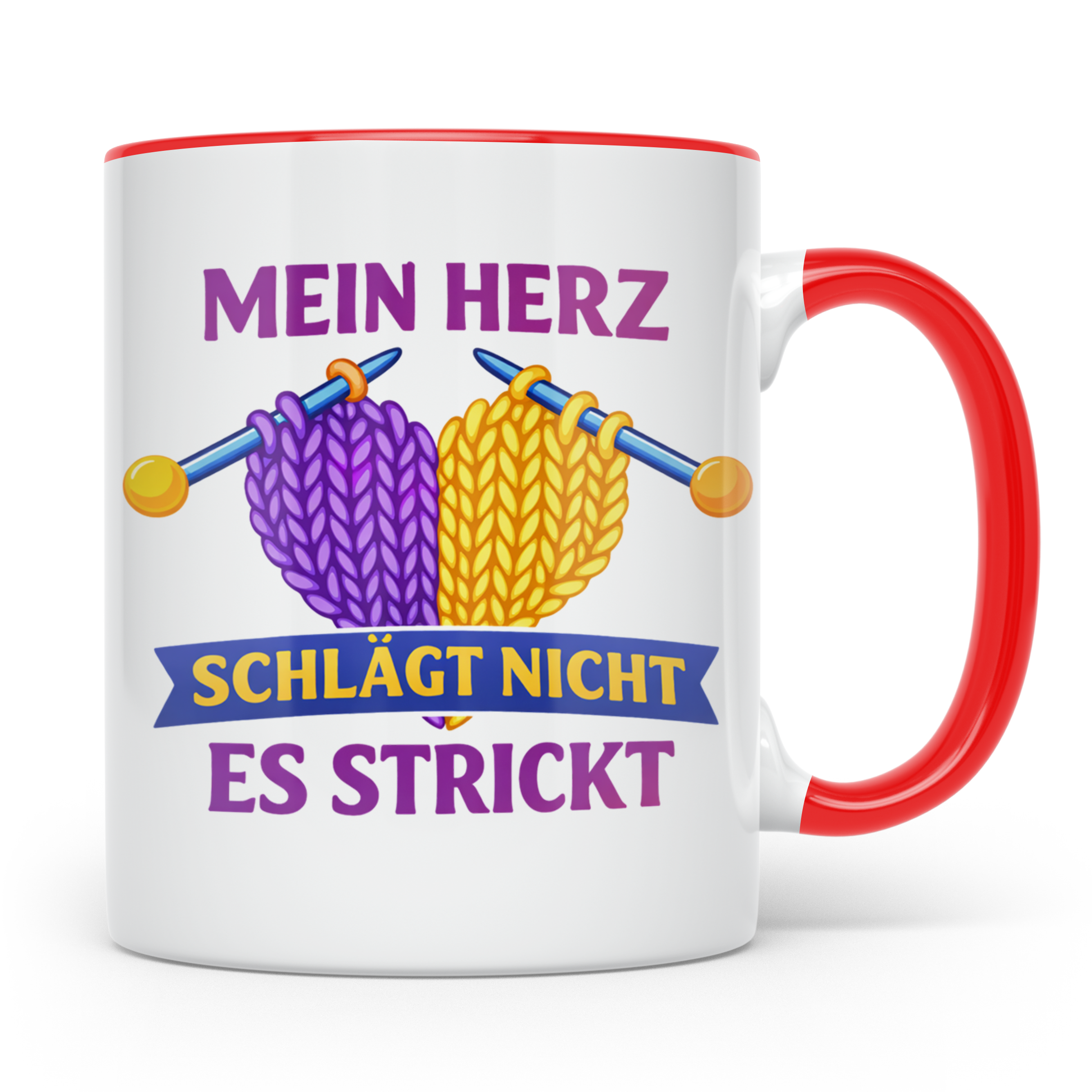 Stricken Tasse mit Spruch Mein Herz schlägt nicht es strickt – Rot [farbe:rot]