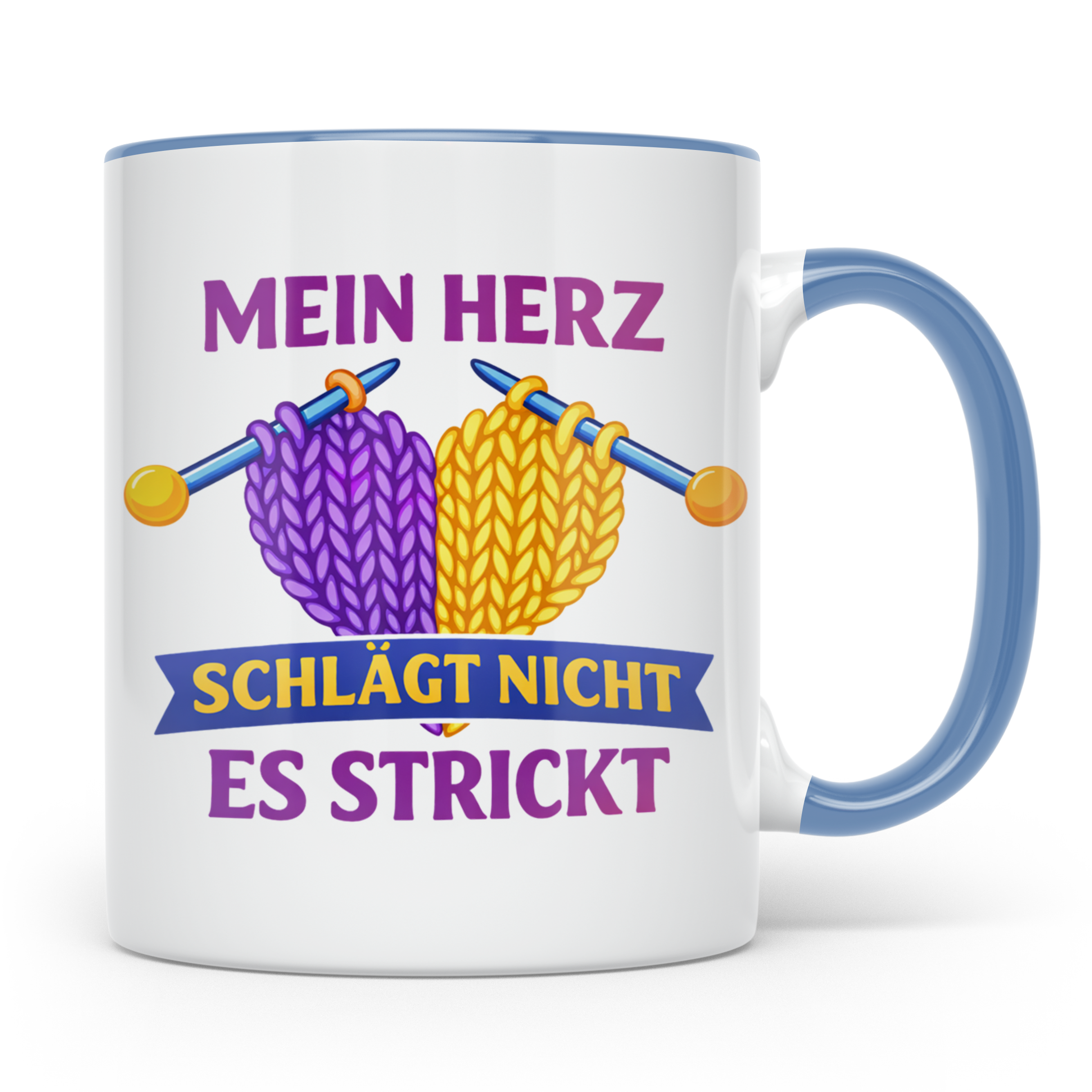 Stricken Tasse mit Spruch Mein Herz schlägt nicht es strickt – Blau [farbe:blau]