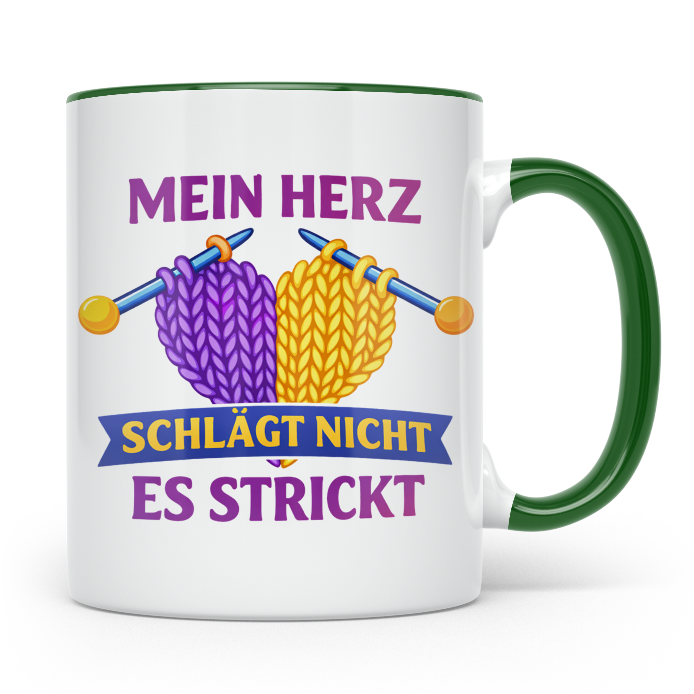 Stricken Tasse mit Spruch Mein Herz schlägt nicht es strickt – Grün [farbe:grün]