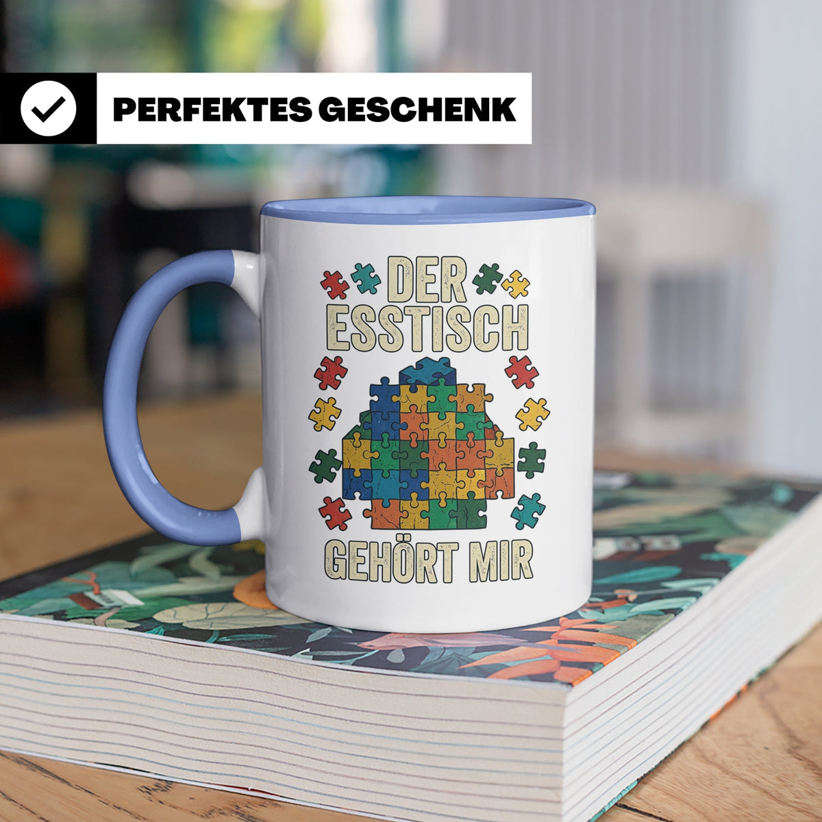 Puzzle Tasse mit Spruch Der Esstisch gehört mir | Geschenk f – Blau [farbe:blau]