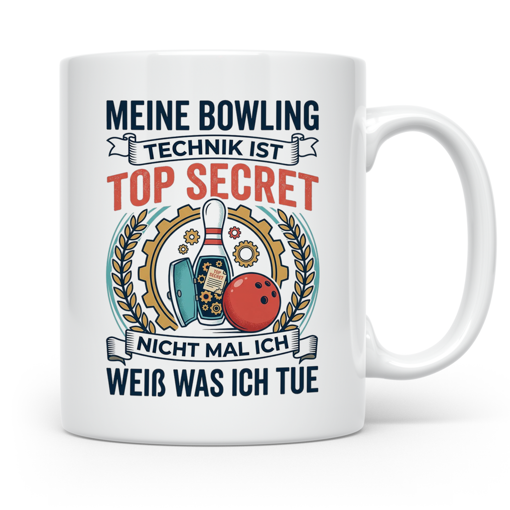 Bowling Tasse mit Spruch Meine Technik ist Top Secret, lusti – Weiß [farbe:weiß]