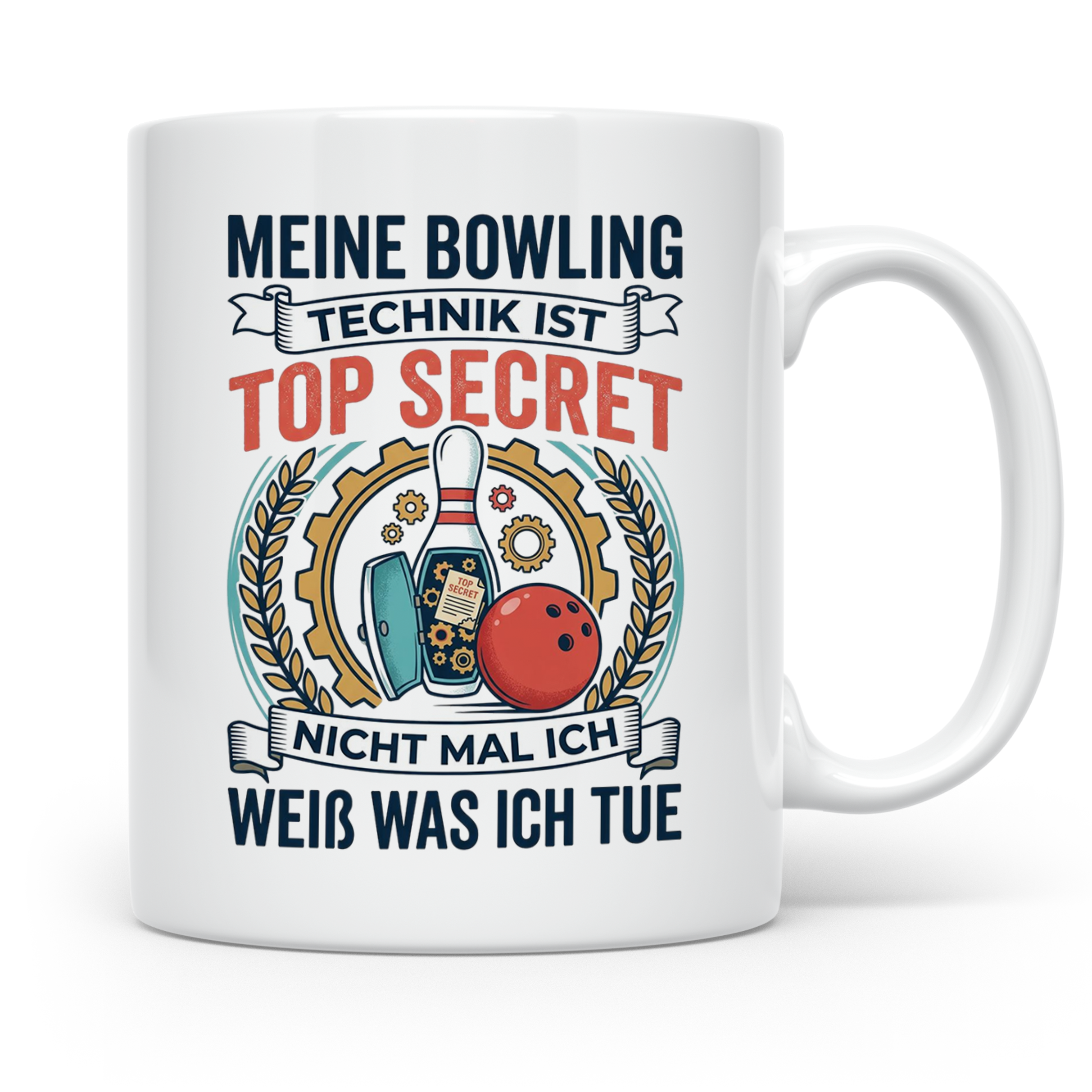 Bowling Tasse mit Spruch Meine Technik ist Top Secret, lusti – Weiß [farbe:weiß]