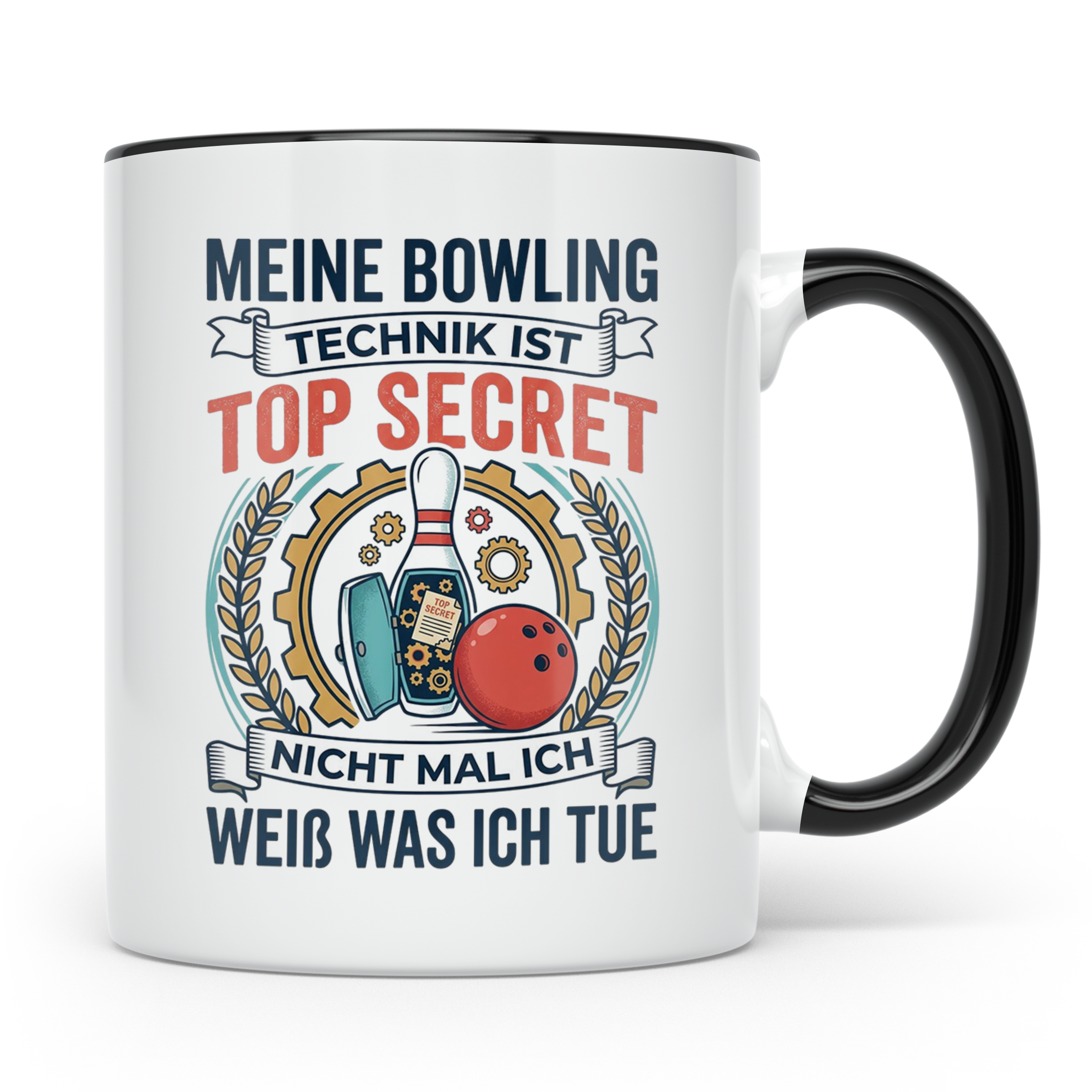 Bowling Tasse mit Spruch Meine Technik ist Top Secret, lusti – Schwarz [farbe:schwarz]