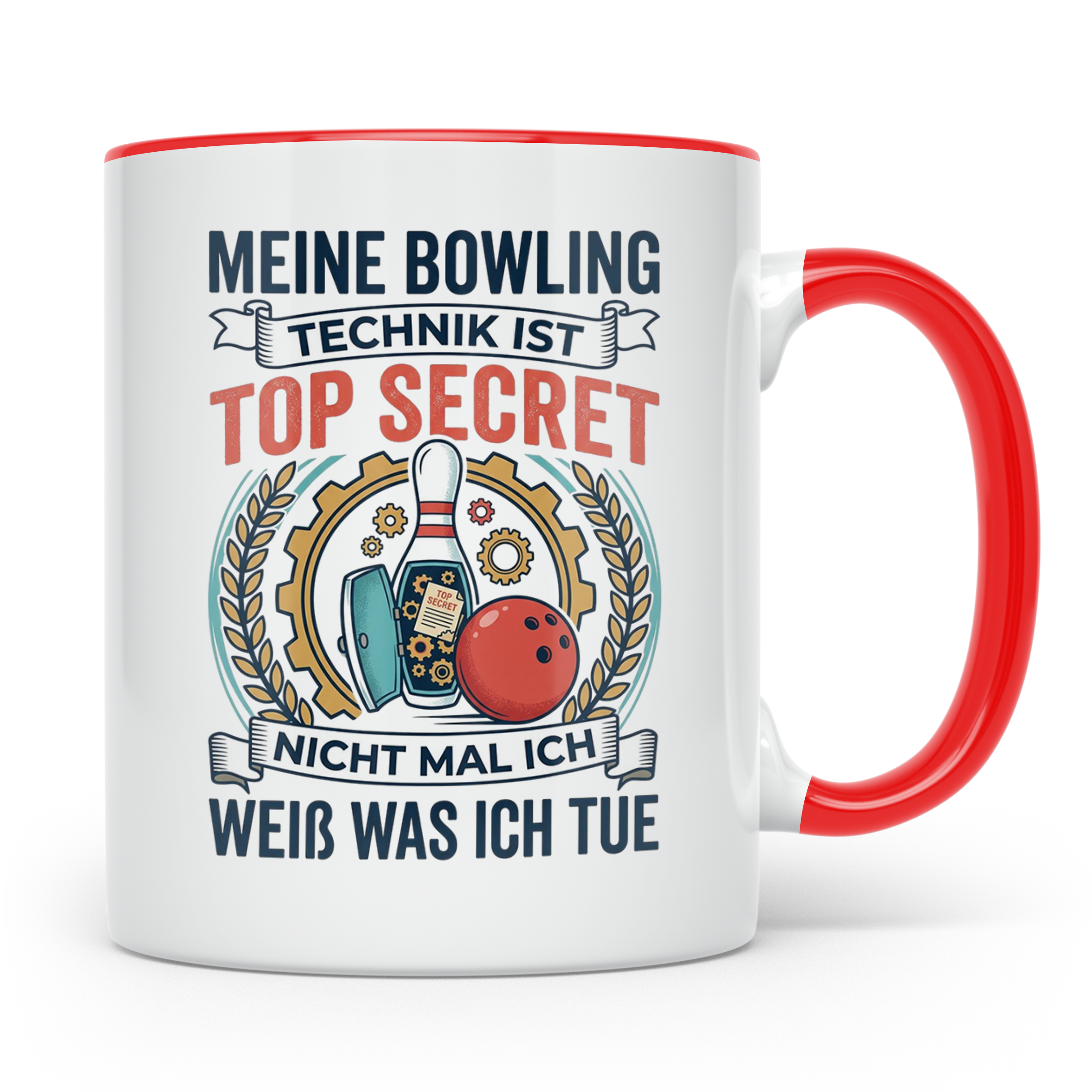 Bowling Tasse mit Spruch Meine Technik ist Top Secret, lusti – Rot [farbe:rot]