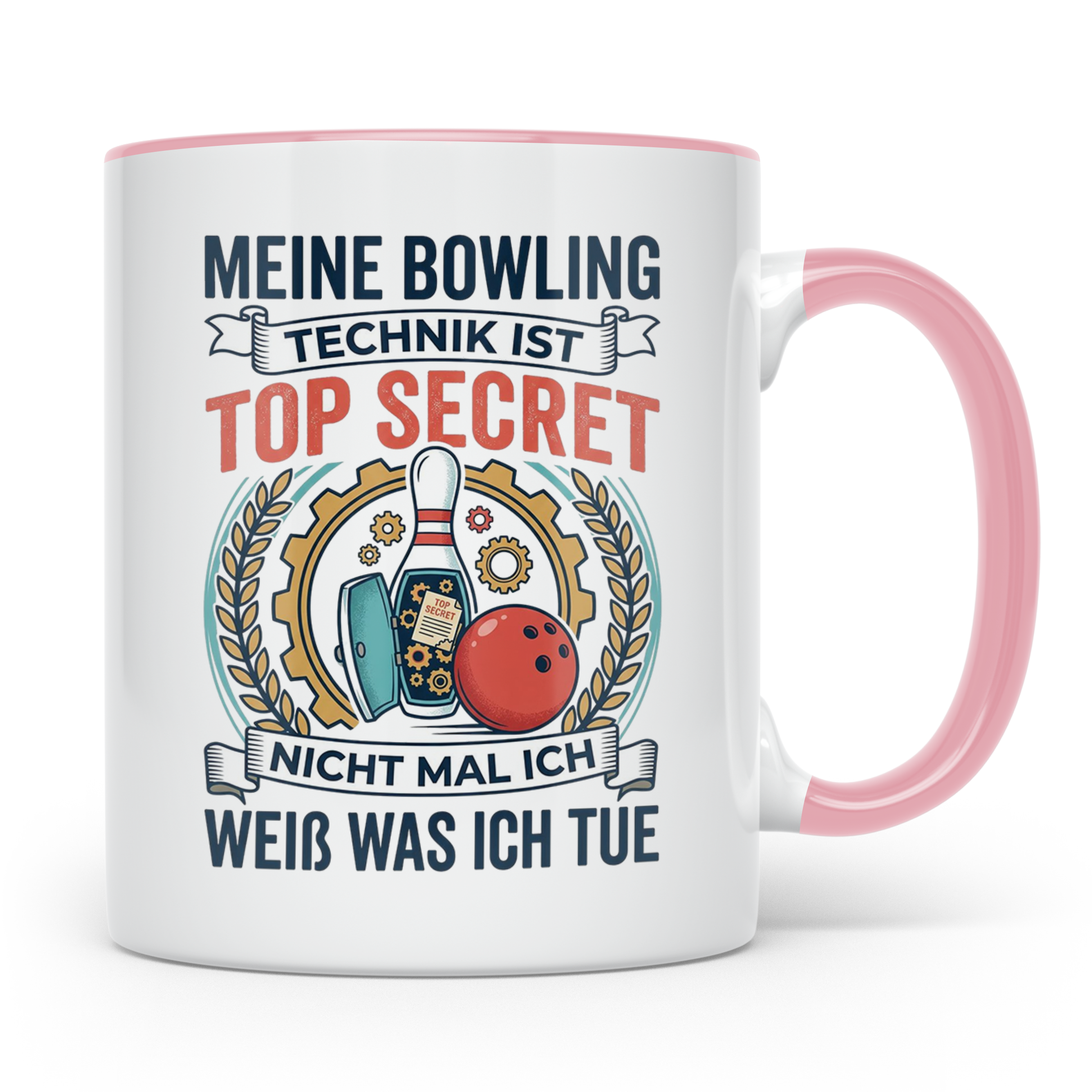 Bowling Tasse mit Spruch Meine Technik ist Top Secret, lusti – Rosa [farbe:rosa]