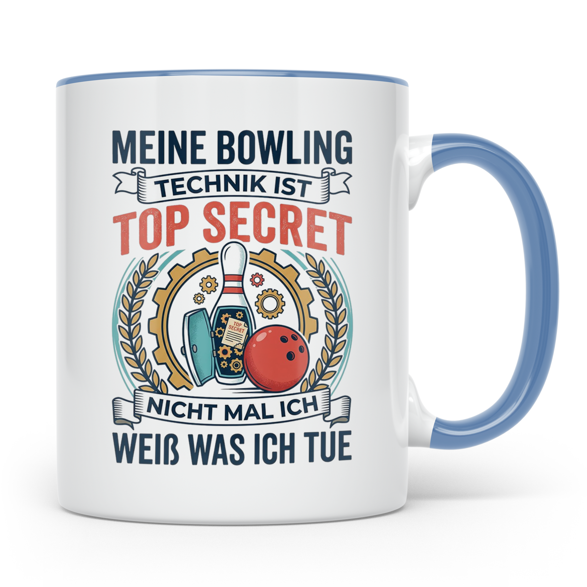 Bowling Tasse mit Spruch Meine Technik ist Top Secret, lusti – Blau [farbe:blau]