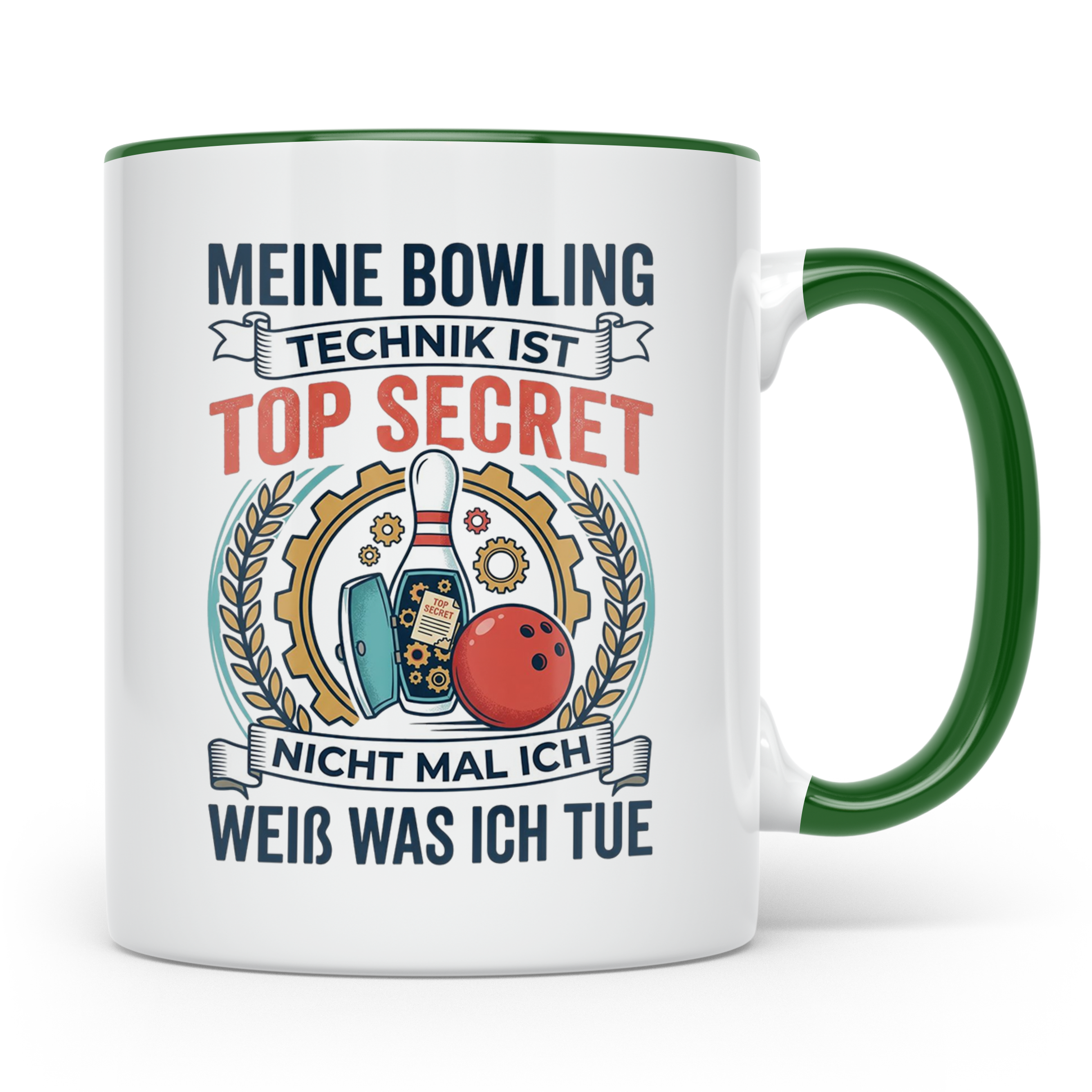 Bowling Tasse mit Spruch Meine Technik ist Top Secret, lusti – Grün [farbe:grün]