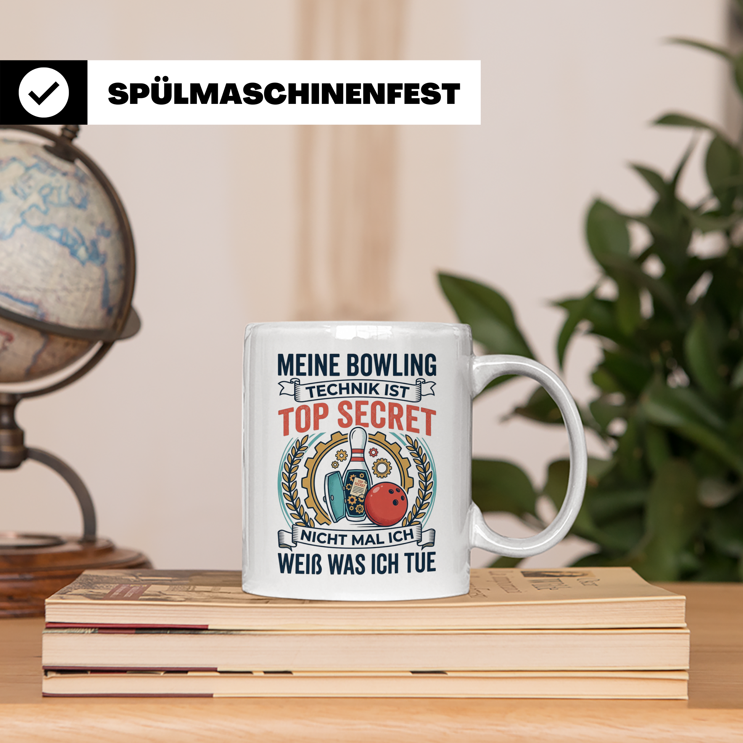 Bowling Tasse mit Spruch Meine Technik ist Top Secret, lusti – Weiß [farbe:weiß]