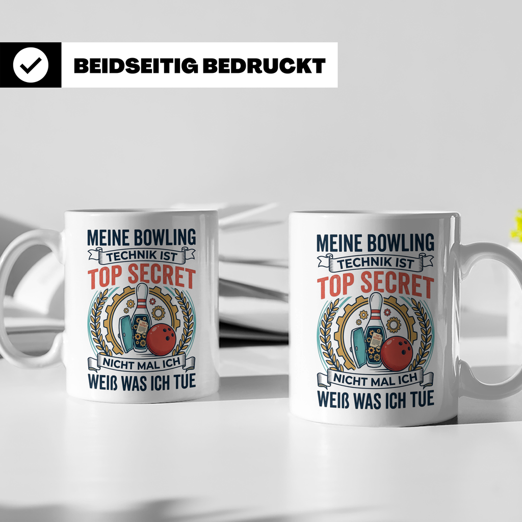 Bowling Tasse mit Spruch Meine Technik ist Top Secret, lusti – Weiß [farbe:weiß]