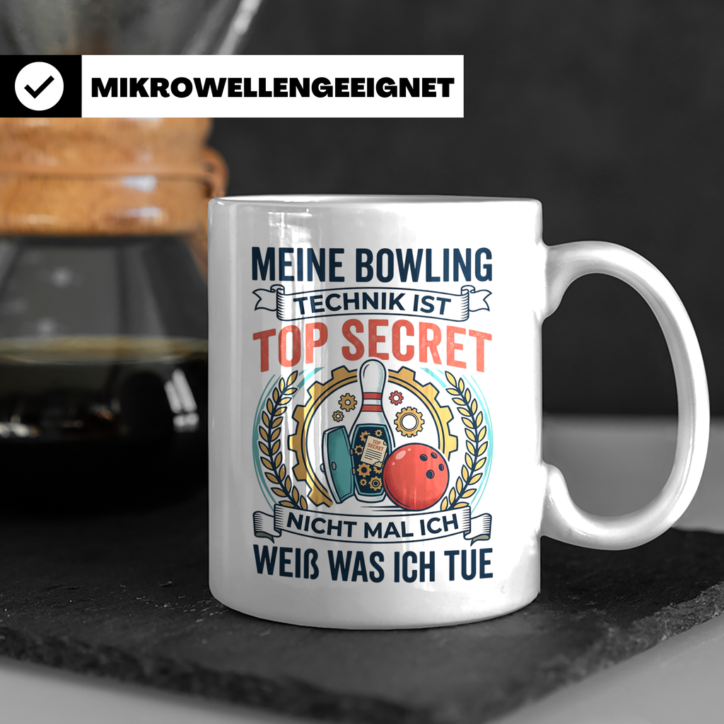 Bowling Tasse mit Spruch Meine Technik ist Top Secret, lusti – Weiß [farbe:weiß]