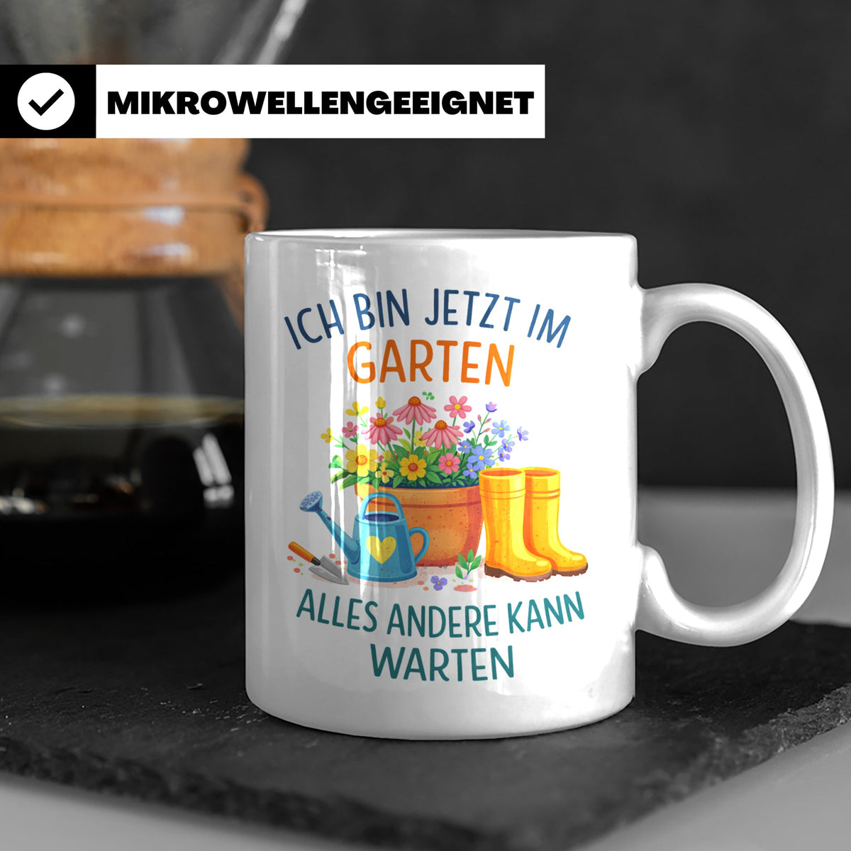 Garten Tasse mit Spruch "Ich bin jetzt im Garten" für Gärtne – Weiß [farbe:weiß]