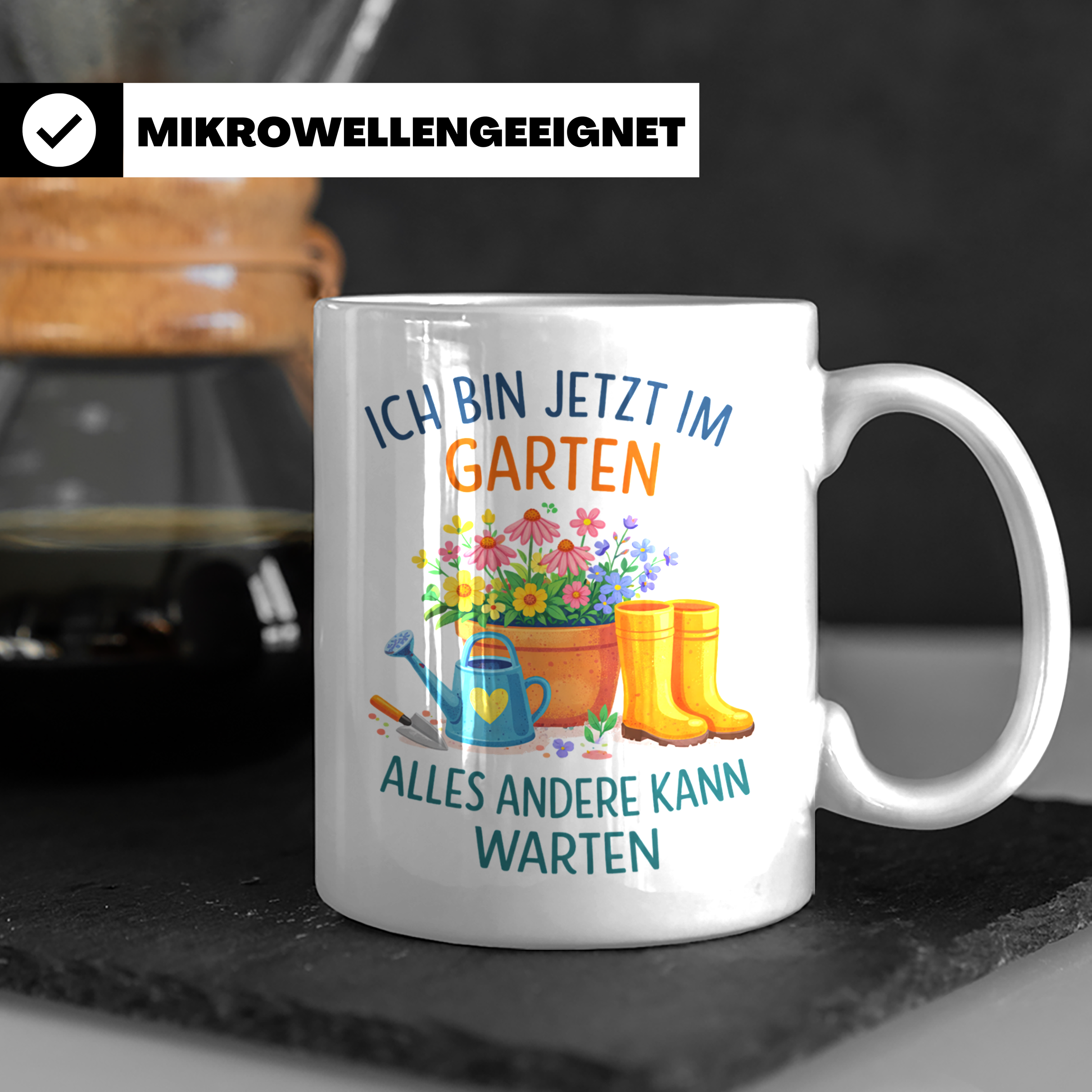 Garten Tasse mit Spruch "Ich bin jetzt im Garten" für Gärtne – Weiß [farbe:weiß]