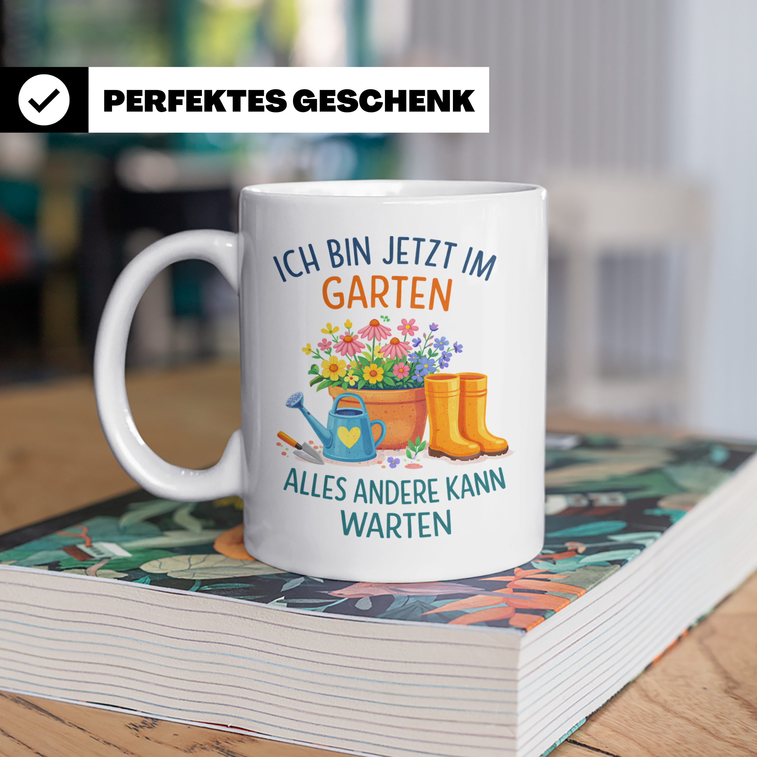 Garten Tasse mit Spruch "Ich bin jetzt im Garten" für Gärtne – Weiß [farbe:weiß]