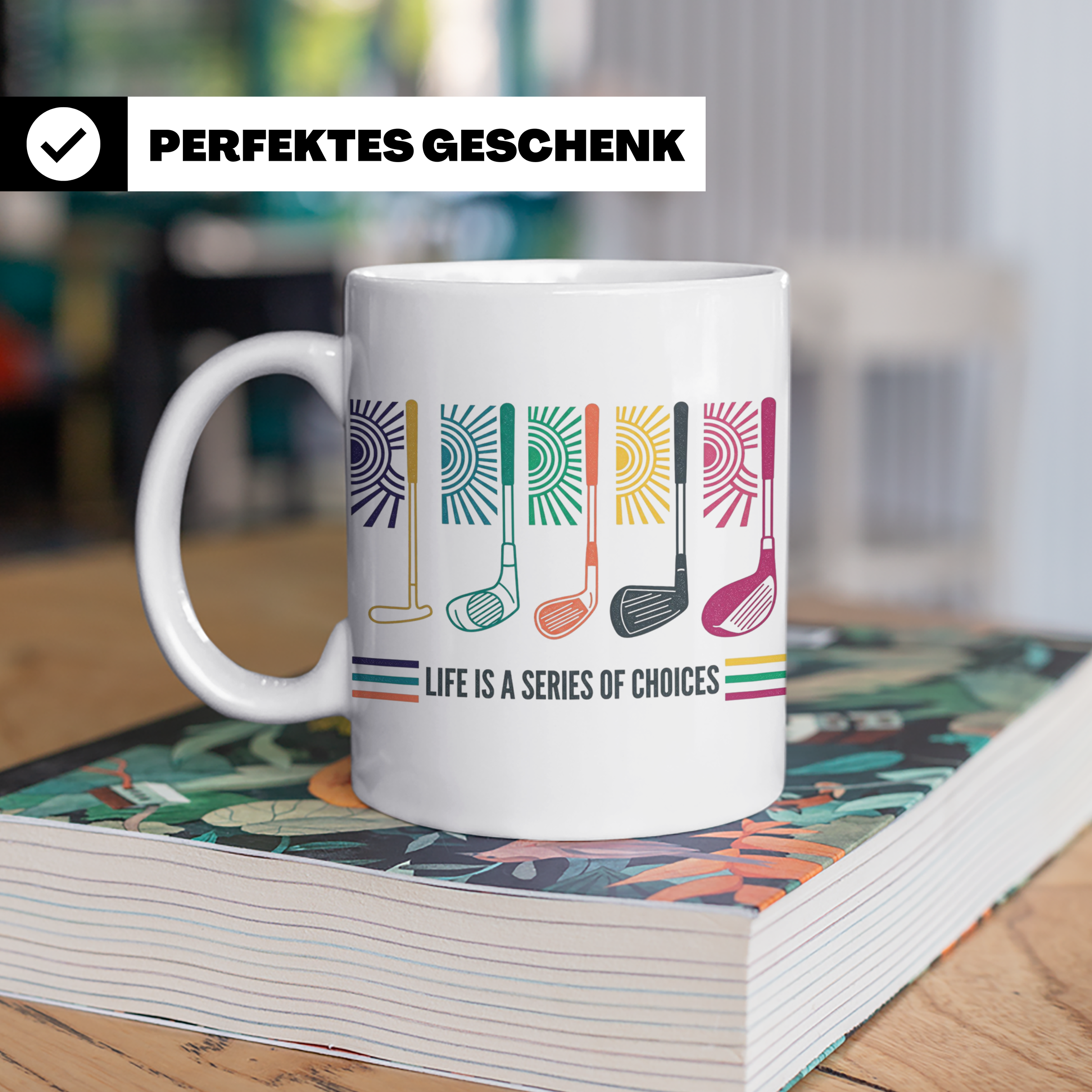 Golfer Tasse 'Life is a Series of Choices' Retro Golfschläge – Weiß [farbe:weiß]