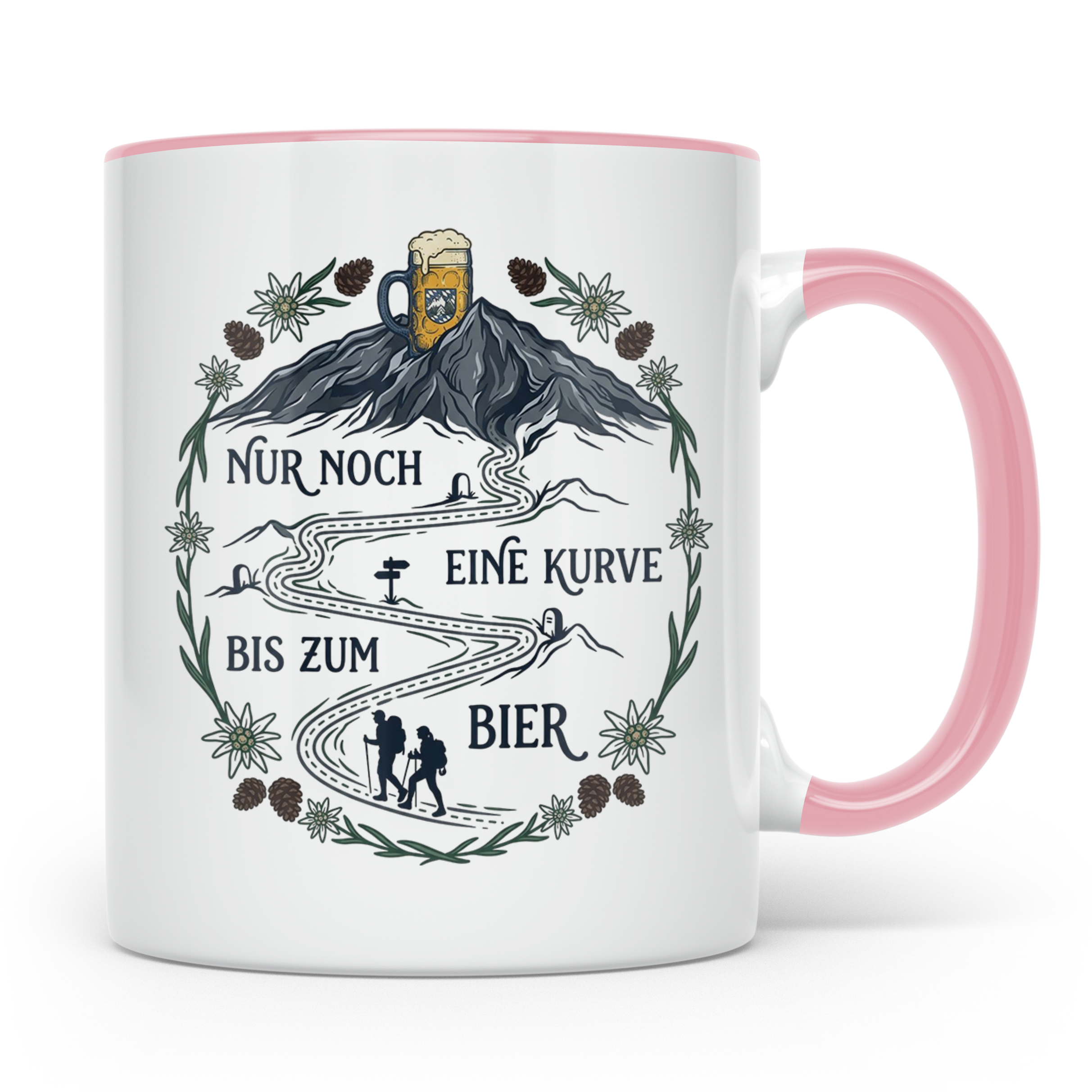 Wander Tasse mit Spruch Nur noch eine Kurve bis zum Bier, Lu – Rosa [farbe:rosa]