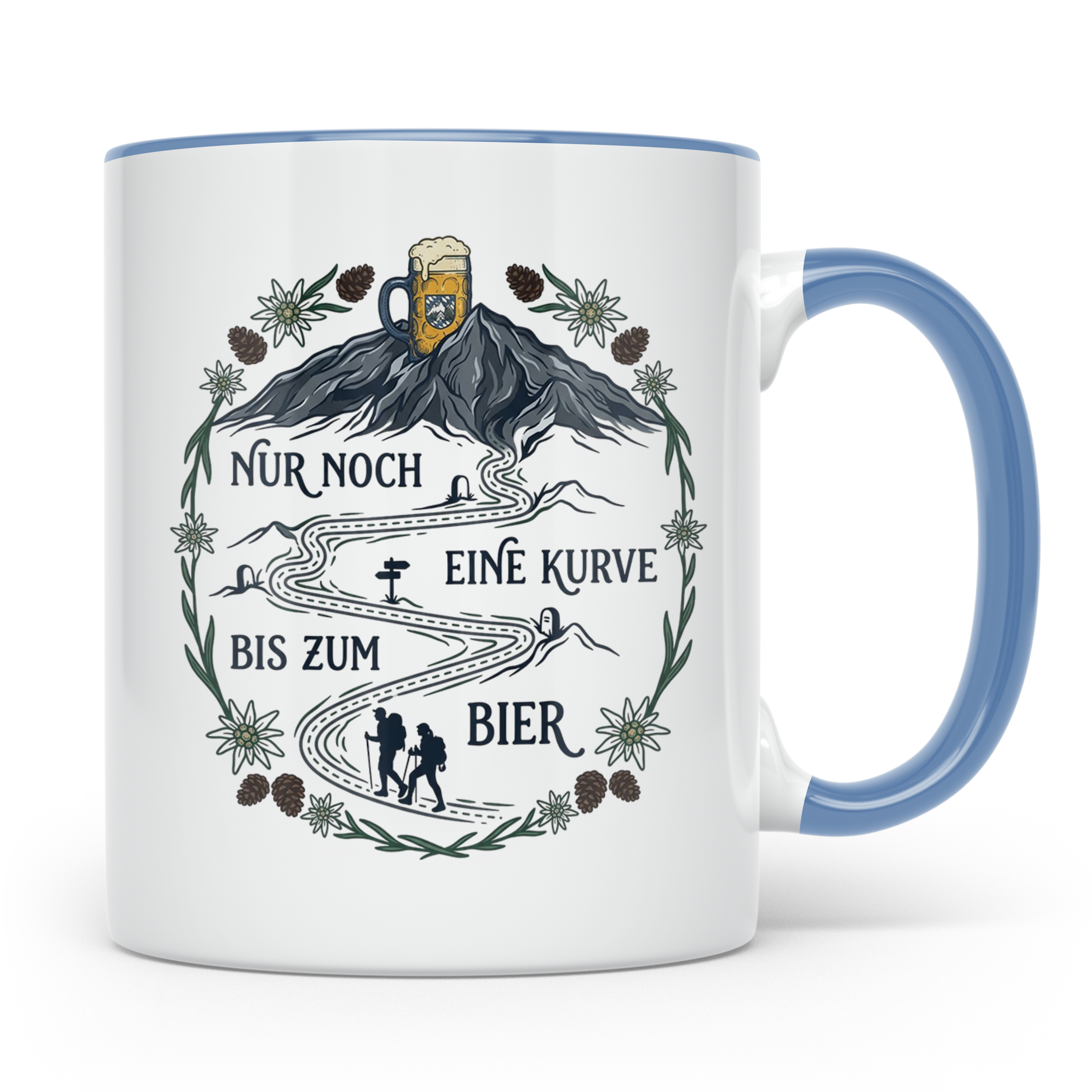 Wander Tasse mit Spruch Nur noch eine Kurve bis zum Bier, Lu – Blau [farbe:blau]