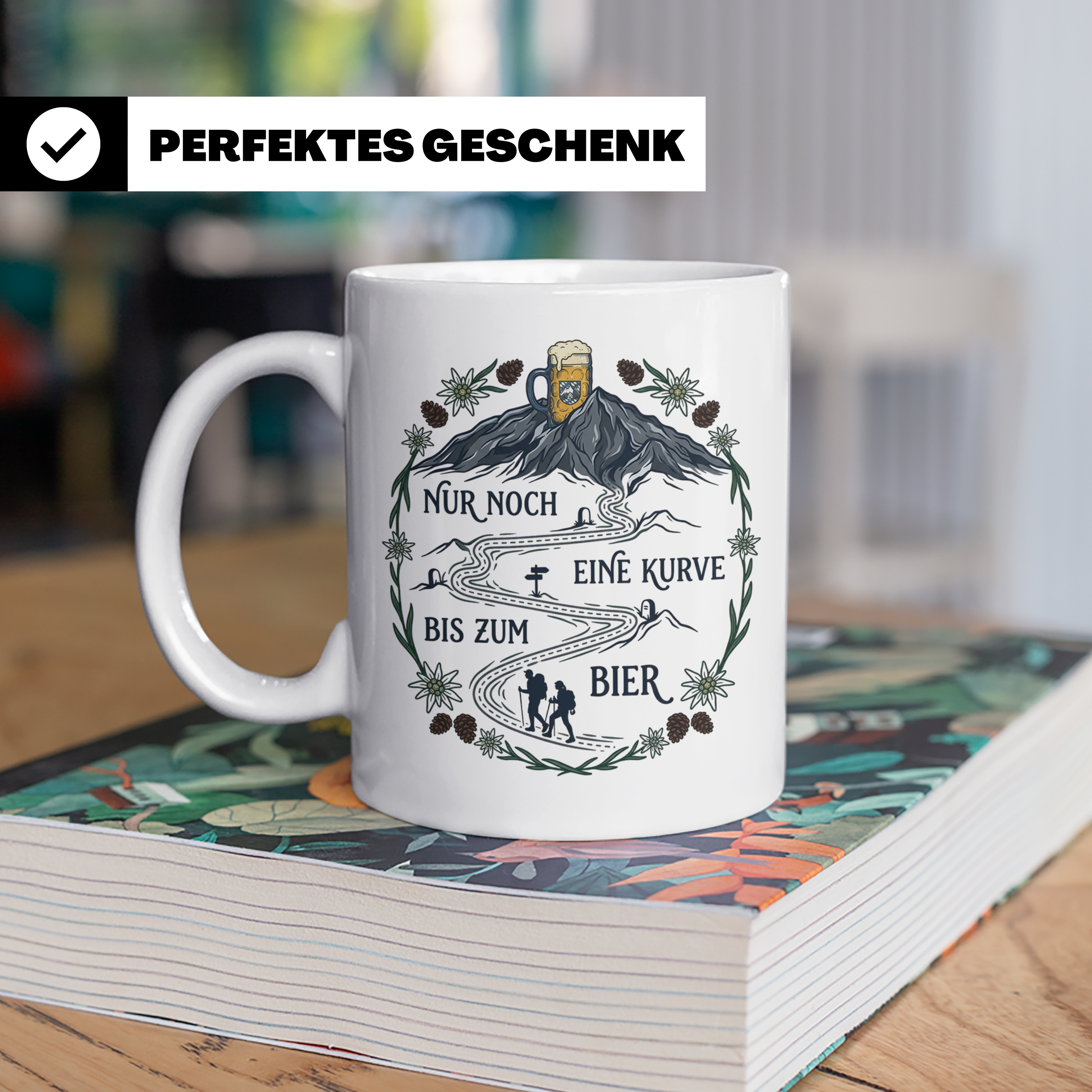 Wander Tasse mit Spruch Nur noch eine Kurve bis zum Bier, Lu – Weiß [farbe:weiß]