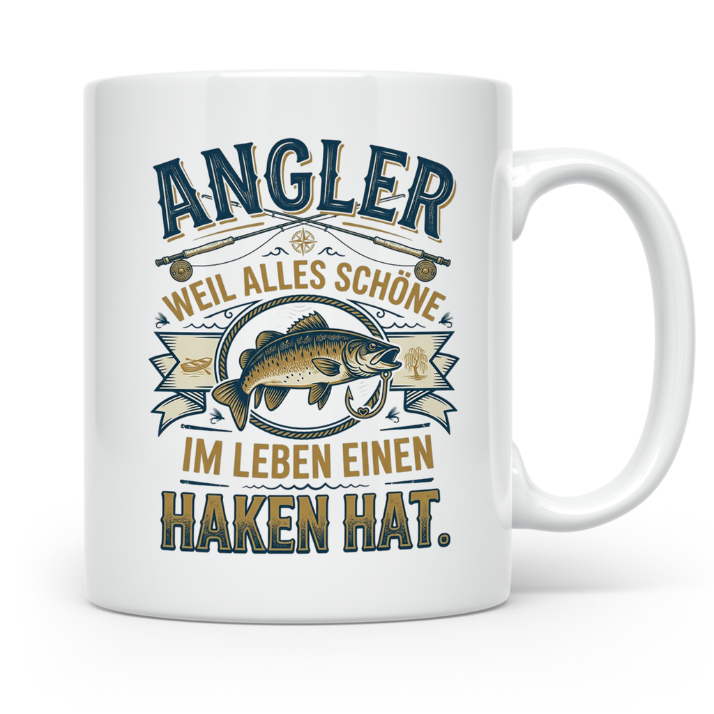 Angler Tasse mit Spruch Alles Schöne im Leben hat einen Hake – Weiß [farbe:weiß]