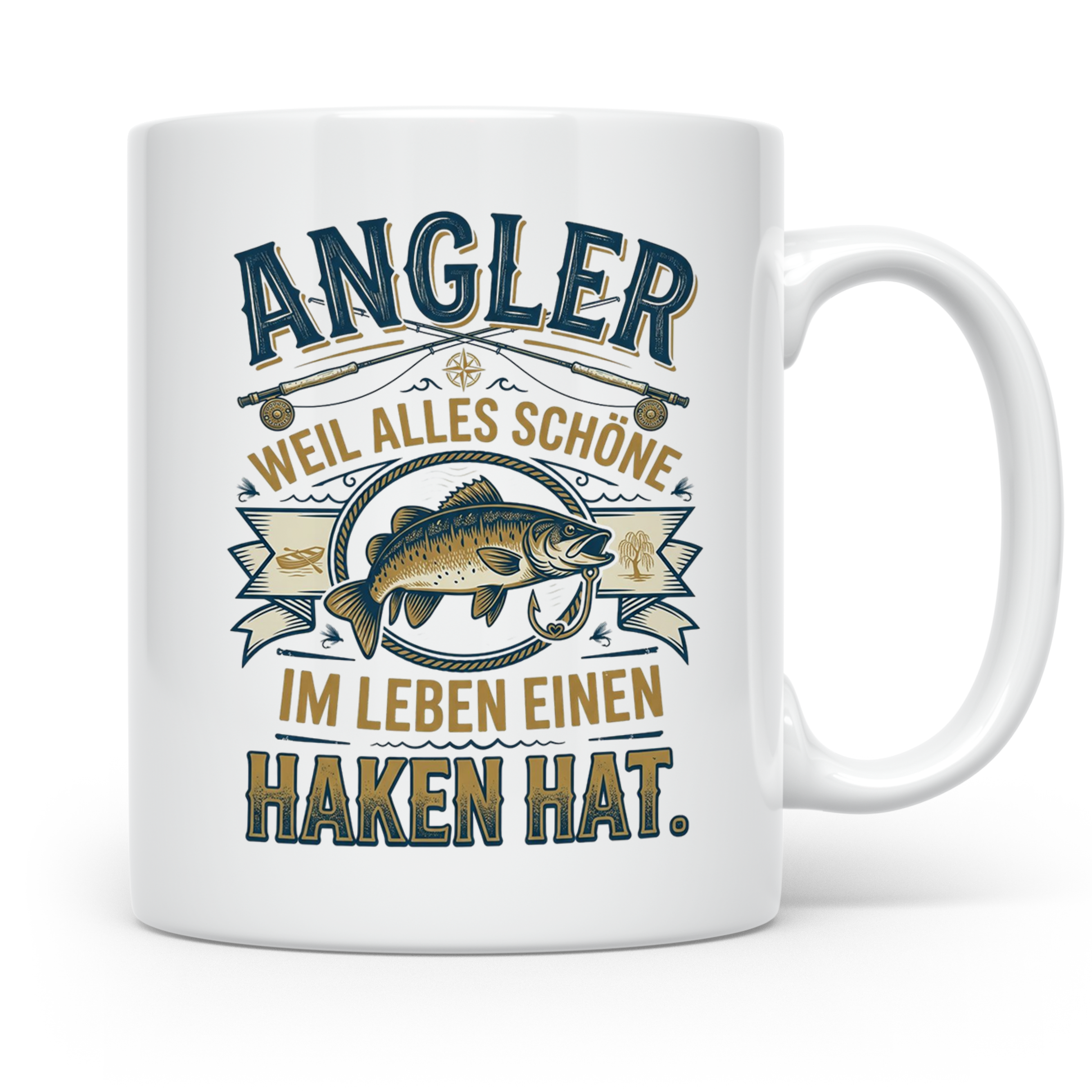 Angler Tasse mit Spruch Alles Schöne im Leben hat einen Hake – Weiß [farbe:weiß]