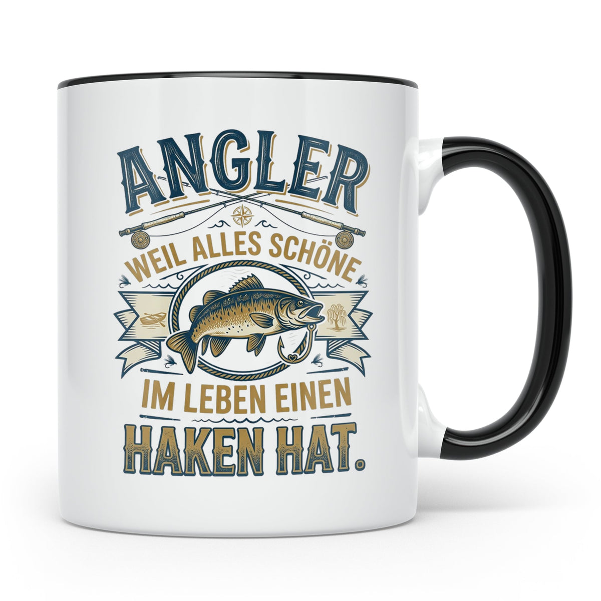 Angler Tasse mit Spruch Alles Schöne im Leben hat einen Hake – Schwarz [farbe:schwarz]