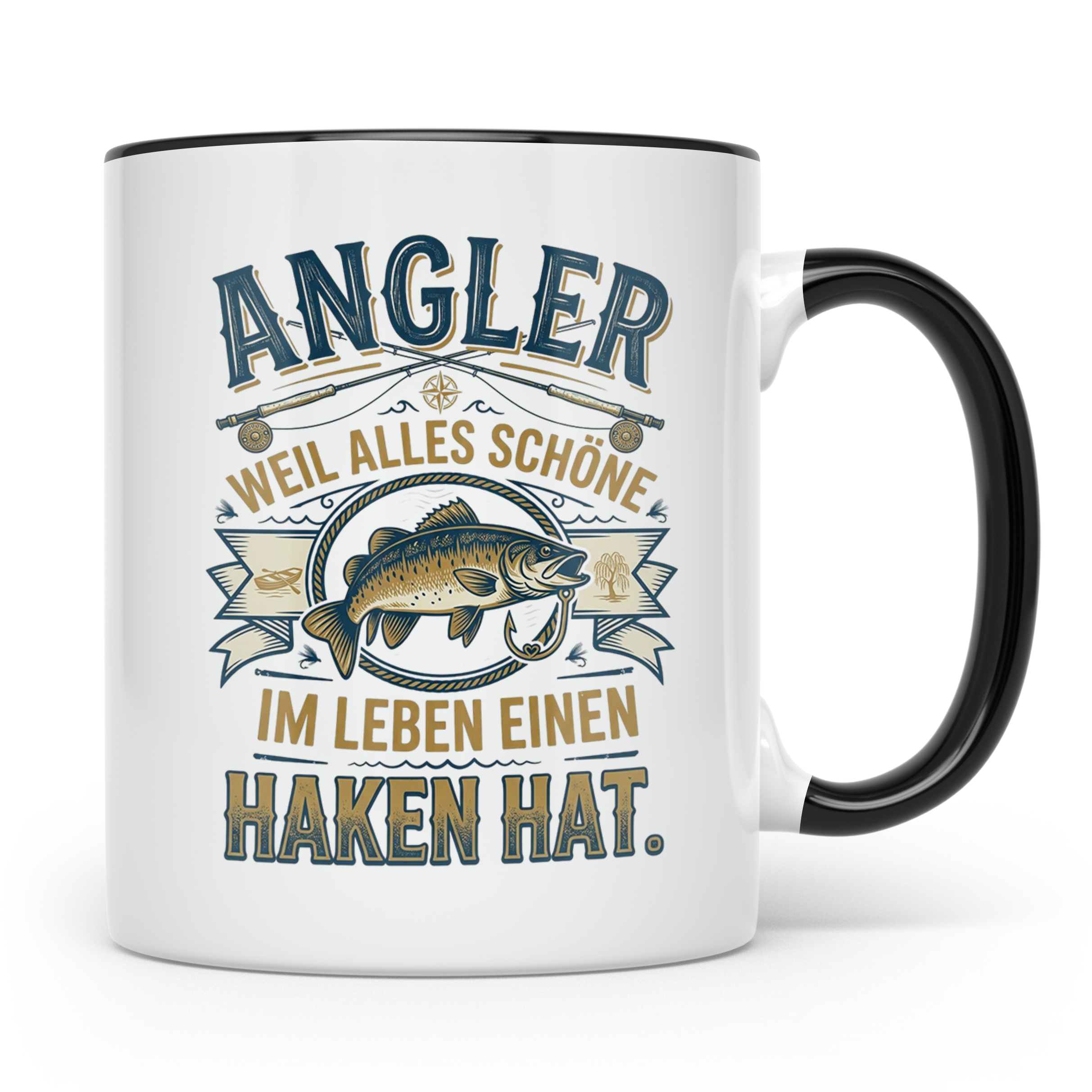 Angler Tasse mit Spruch Alles Schöne im Leben hat einen Hake – Schwarz [farbe:schwarz]