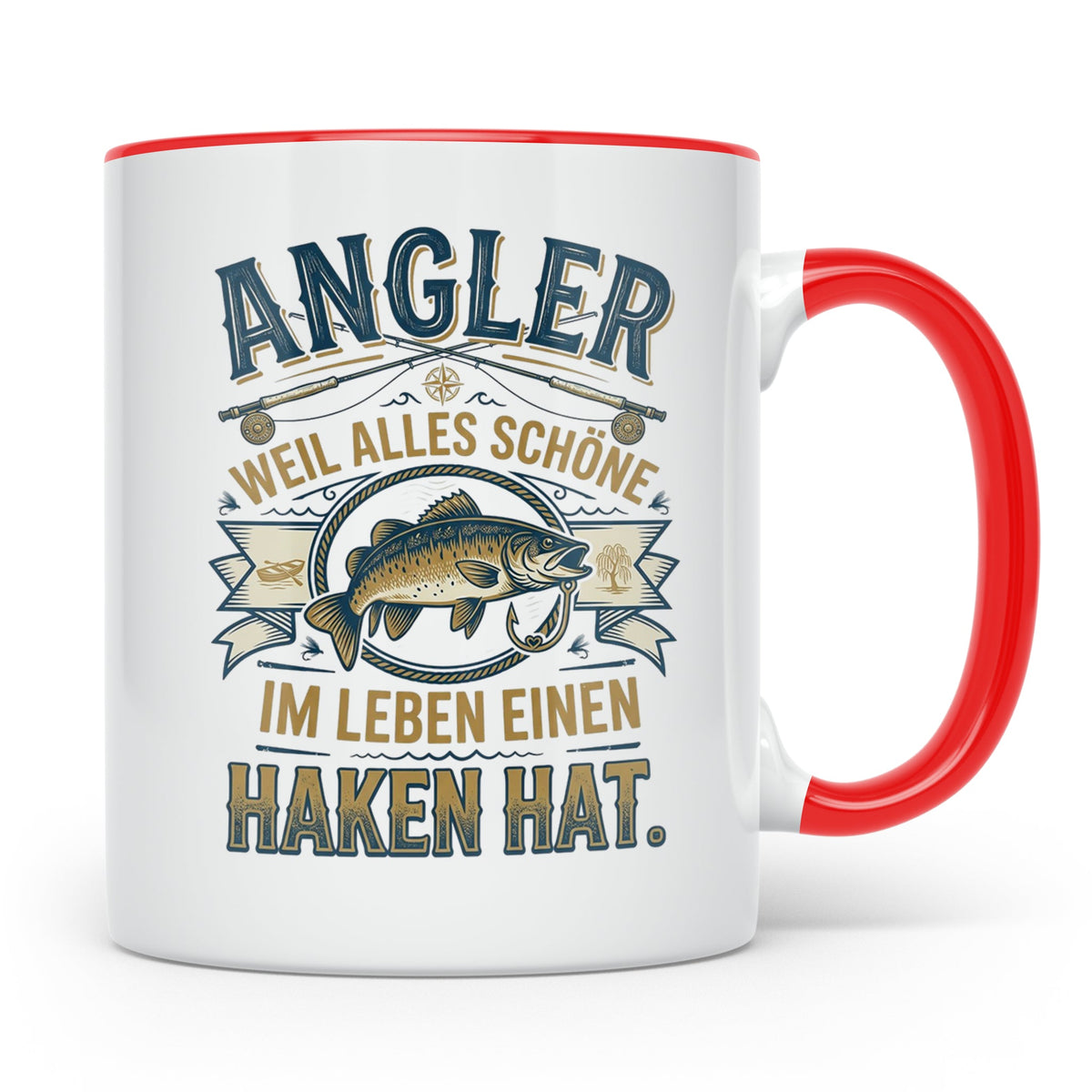 Angler Tasse mit Spruch Alles Schöne im Leben hat einen Hake – Rot [farbe:rot]