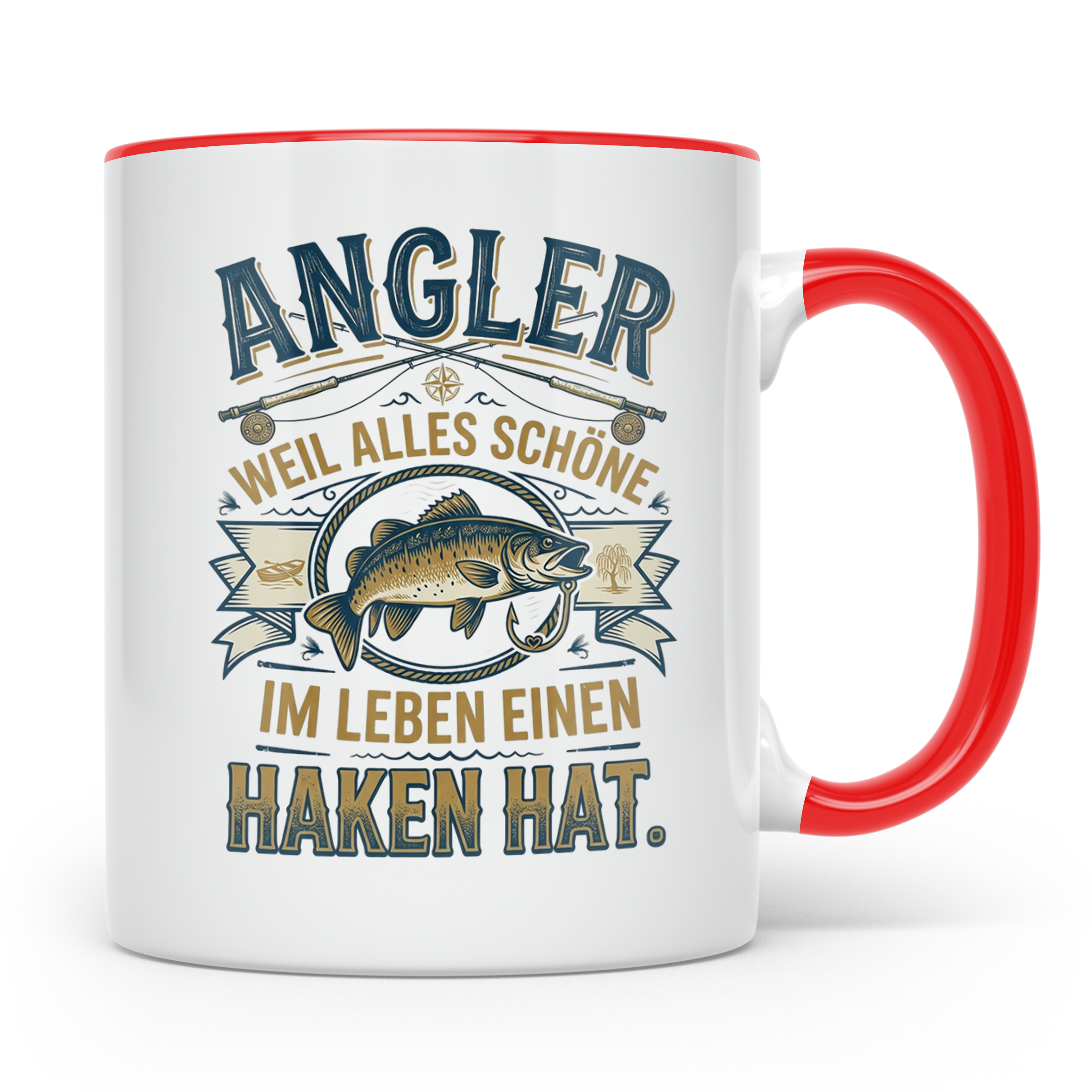 Angler Tasse mit Spruch Alles Schöne im Leben hat einen Hake – Rot [farbe:rot]