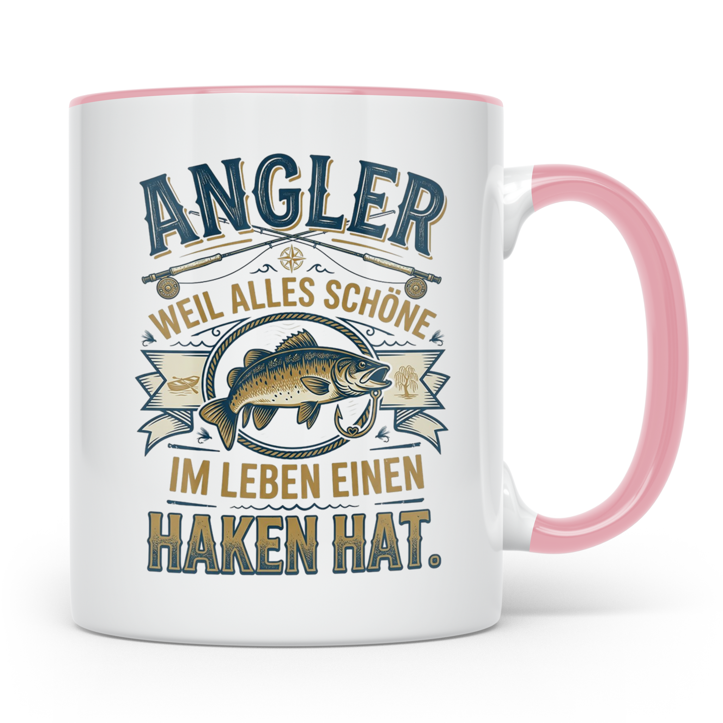 Angler Tasse mit Spruch Alles Schöne im Leben hat einen Hake – Rosa [farbe:rosa]